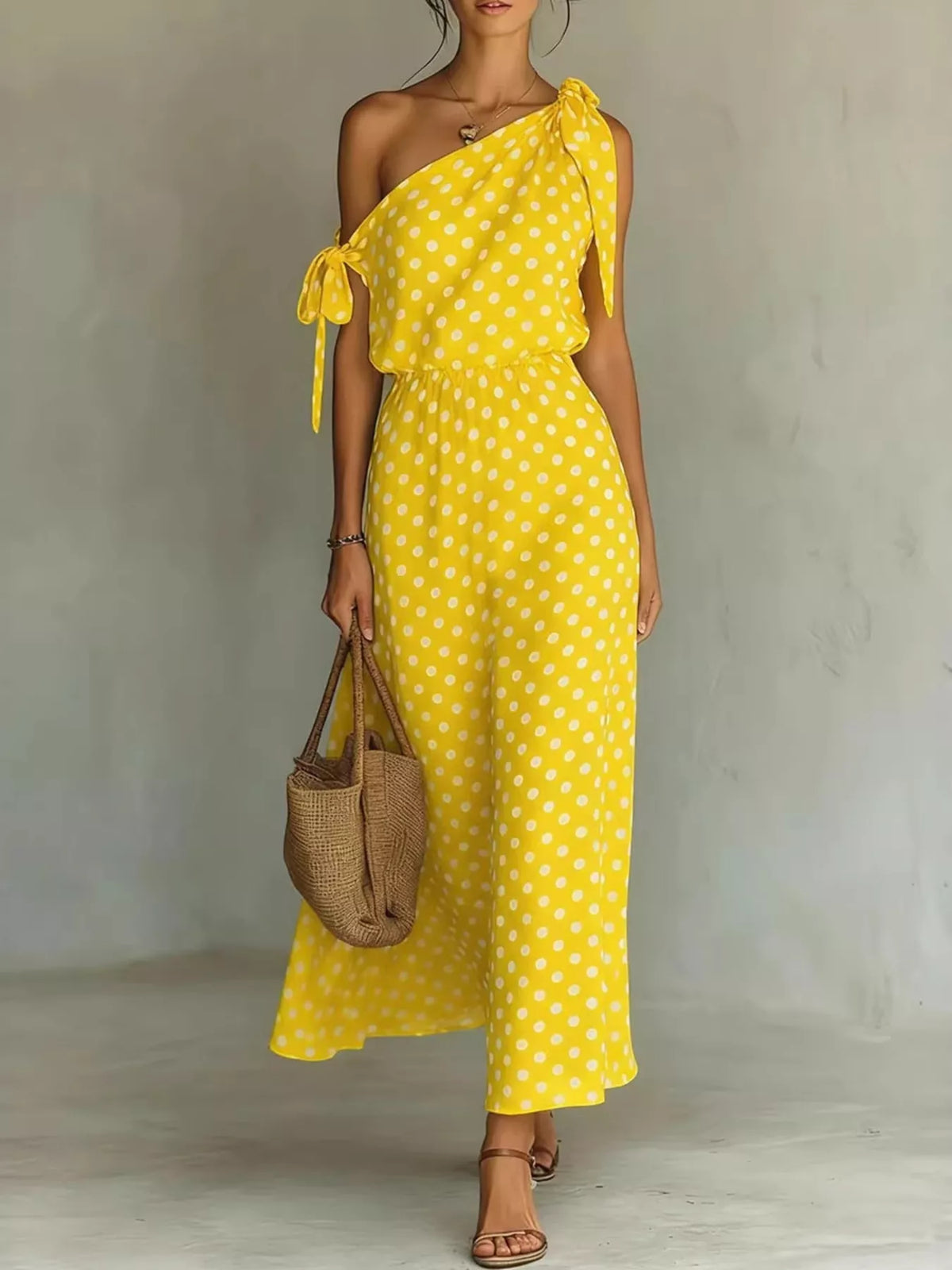 One-Shoulder Polka Dot Maxi Dress