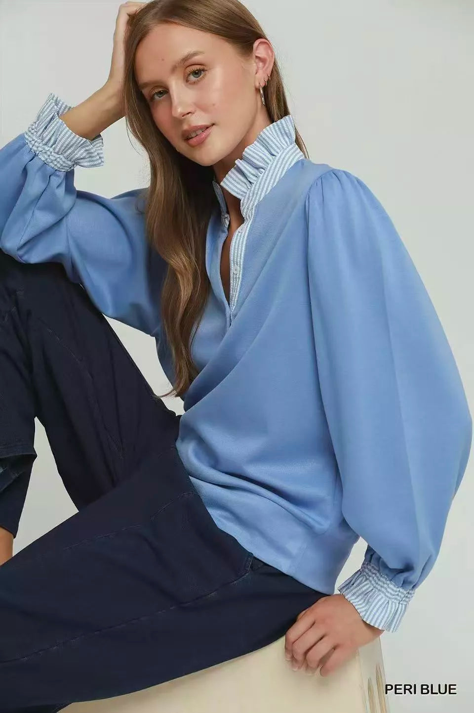 Umgee Striped Ruffle Neck Top in Peri Blue