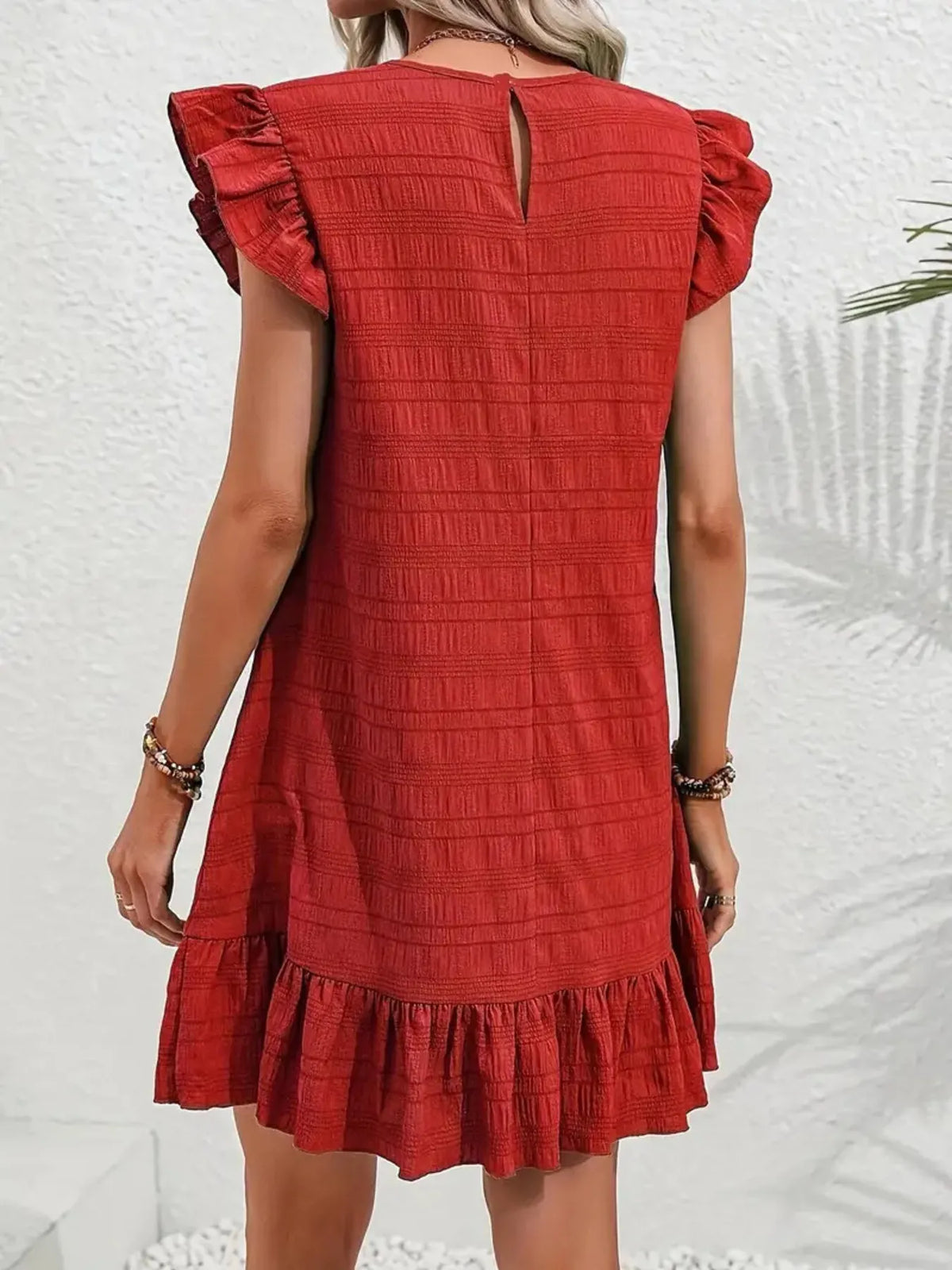 Ruffled Flutter Sleeve Textured Mini Dress