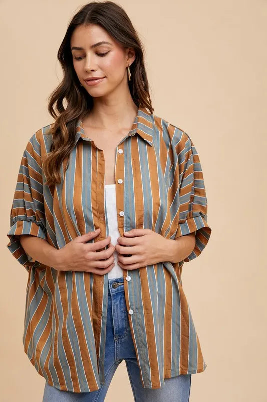 Annie Wear Striped Drop Shoulder Shirt in Camel Multi