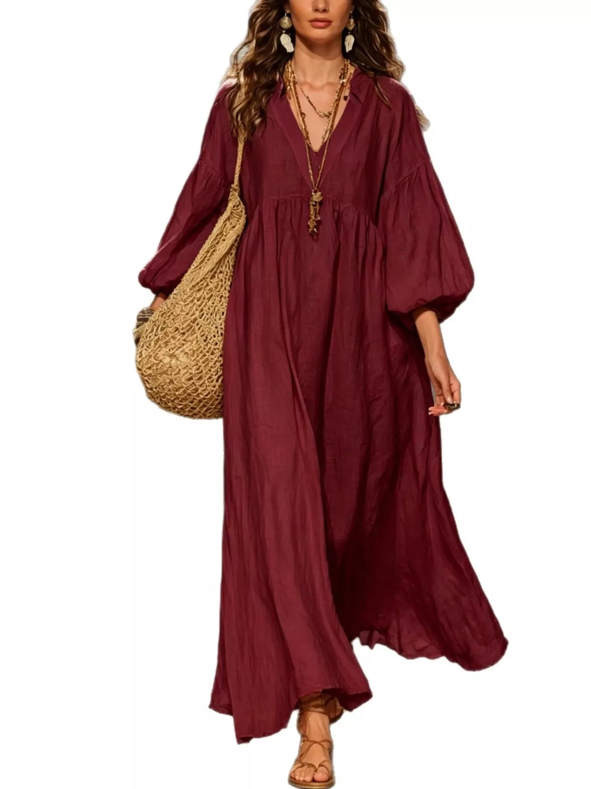 Notched Neck 3/4 Sleeve Maxi Dress