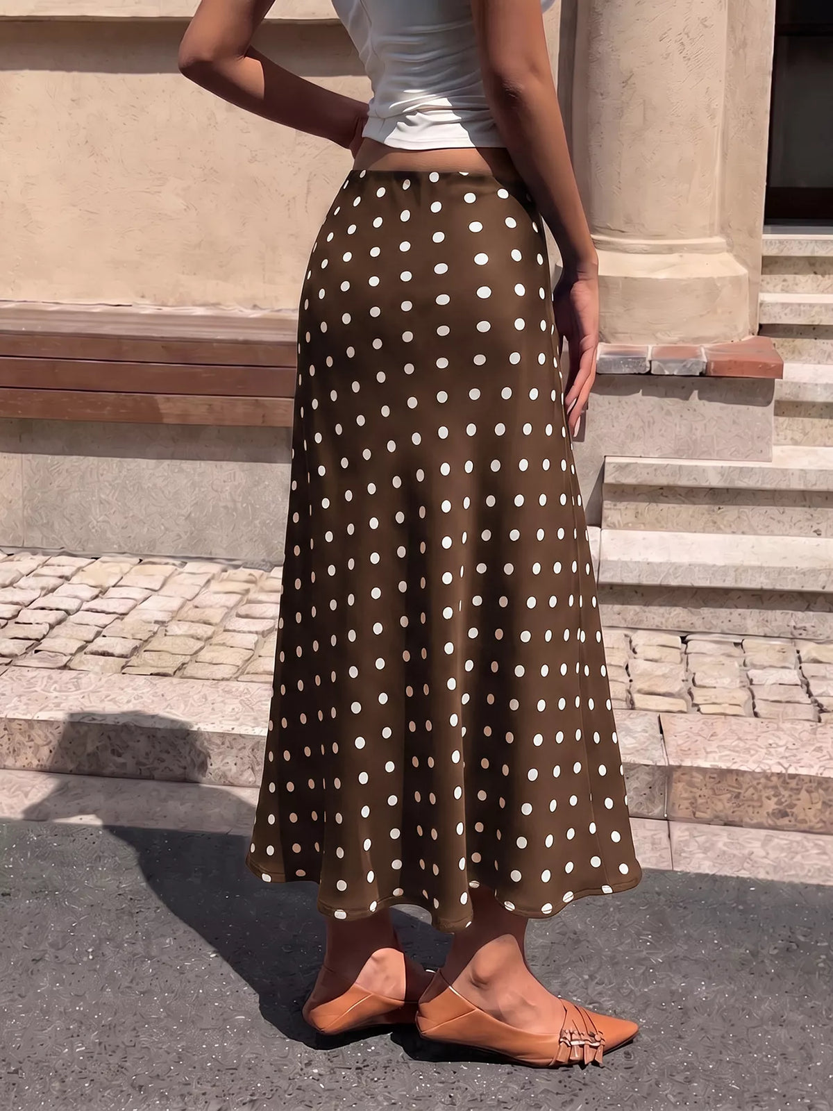 Polka Dot Midi Skirt in Brown
