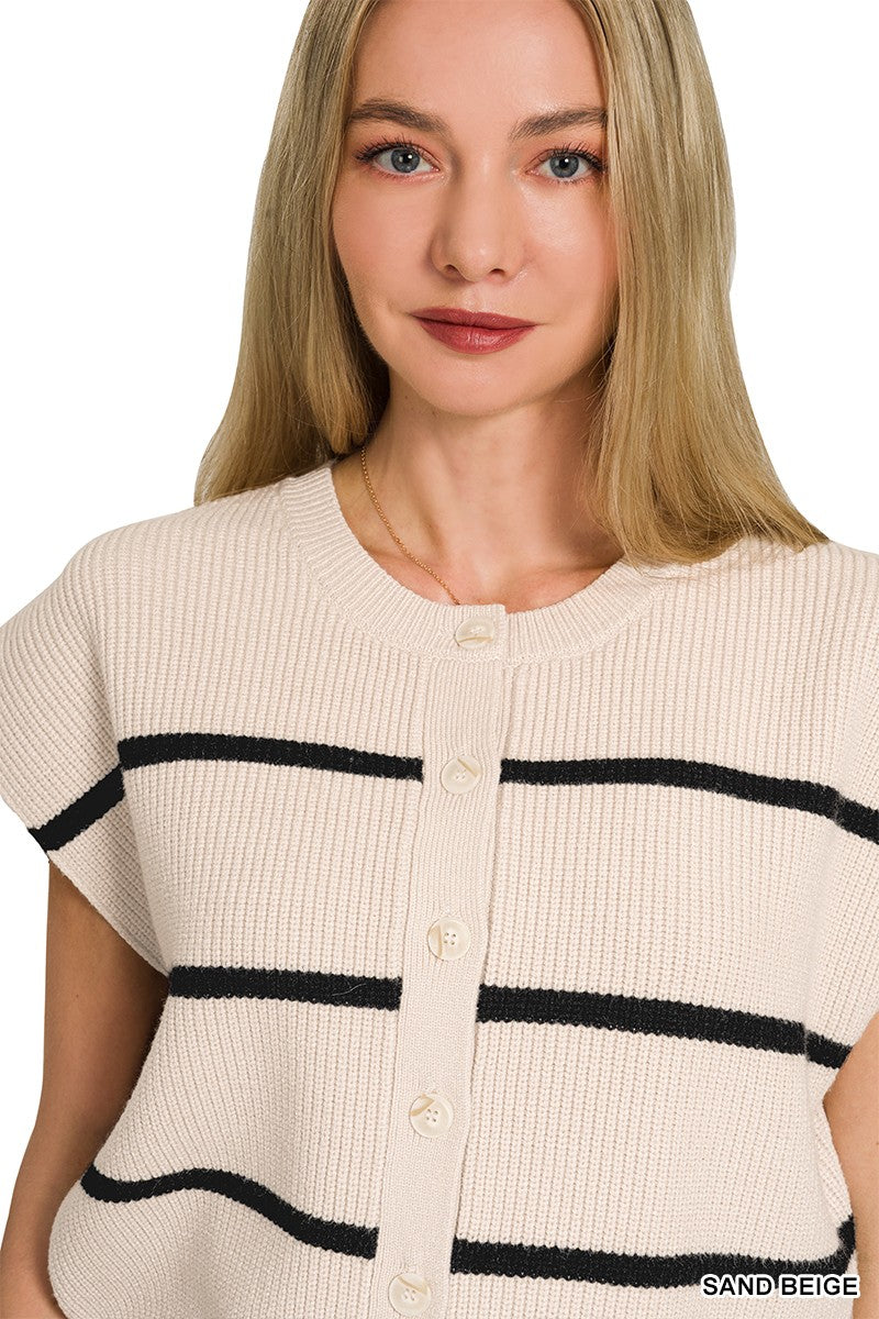 Zenana Striped Button-Down Sweater Vest in Sand Beige