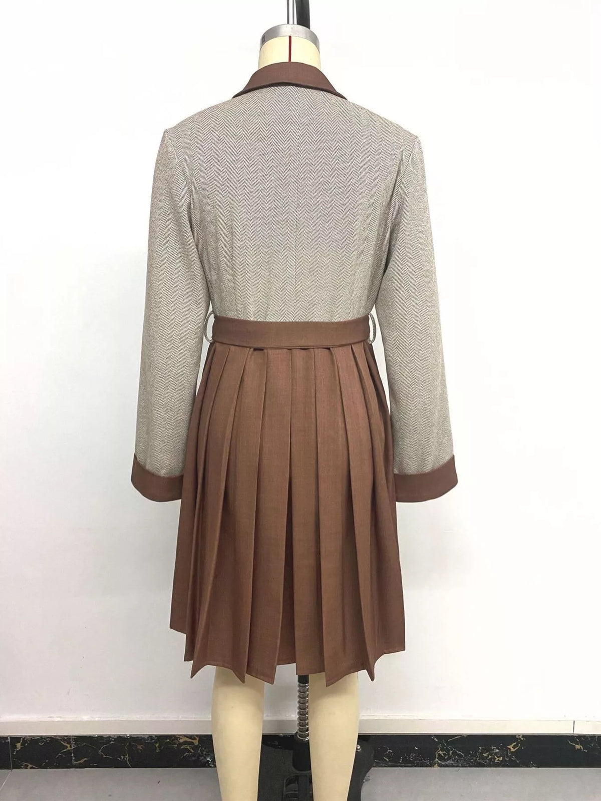 Pleated Patchwork Blazer Belt Dress in Brown