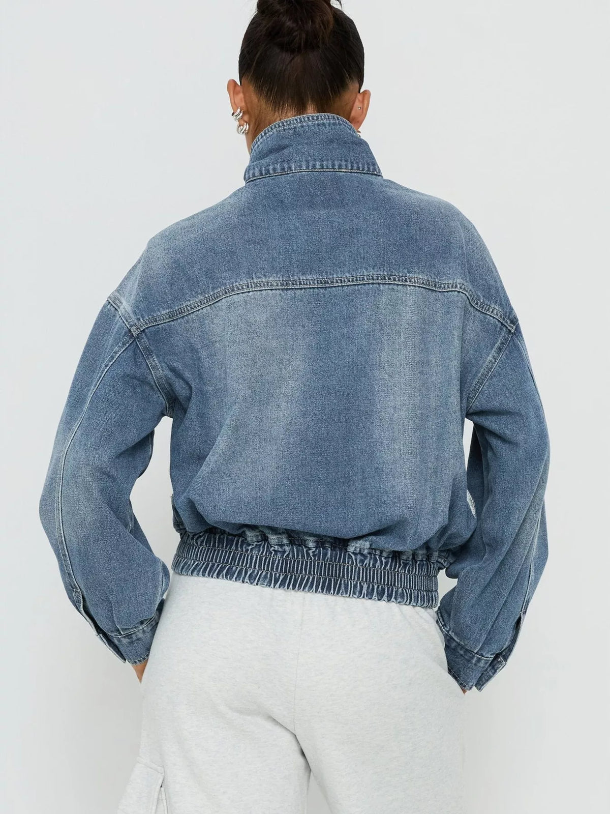 Washed Stand-Up Collar Denim Jacket in Blue