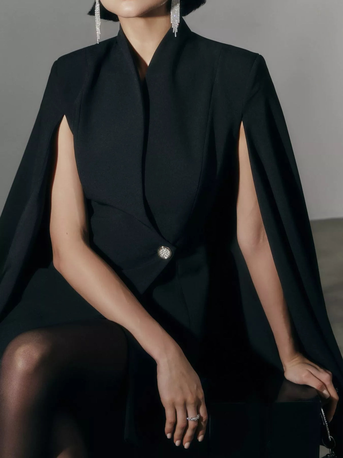 Fitted Blazer Dress with Cape Sleeves in Black