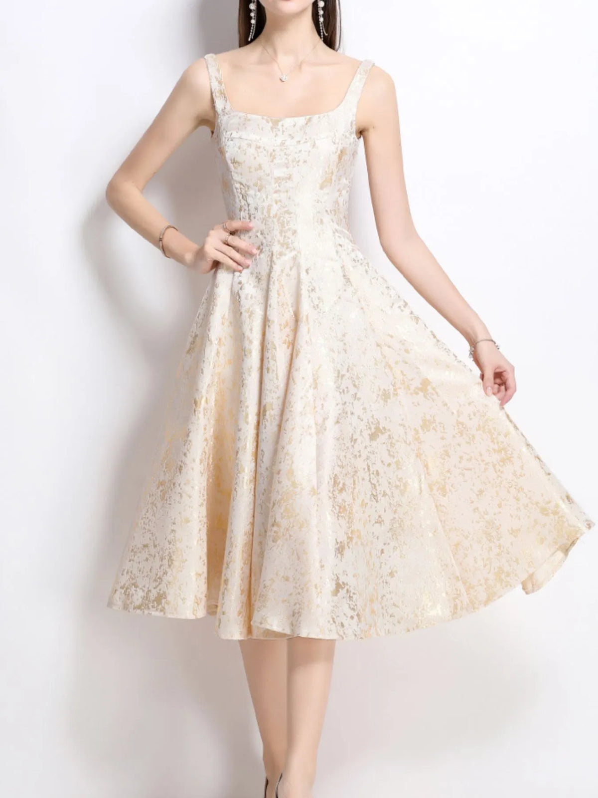 A-Line Floral Midi Dress in Apricot