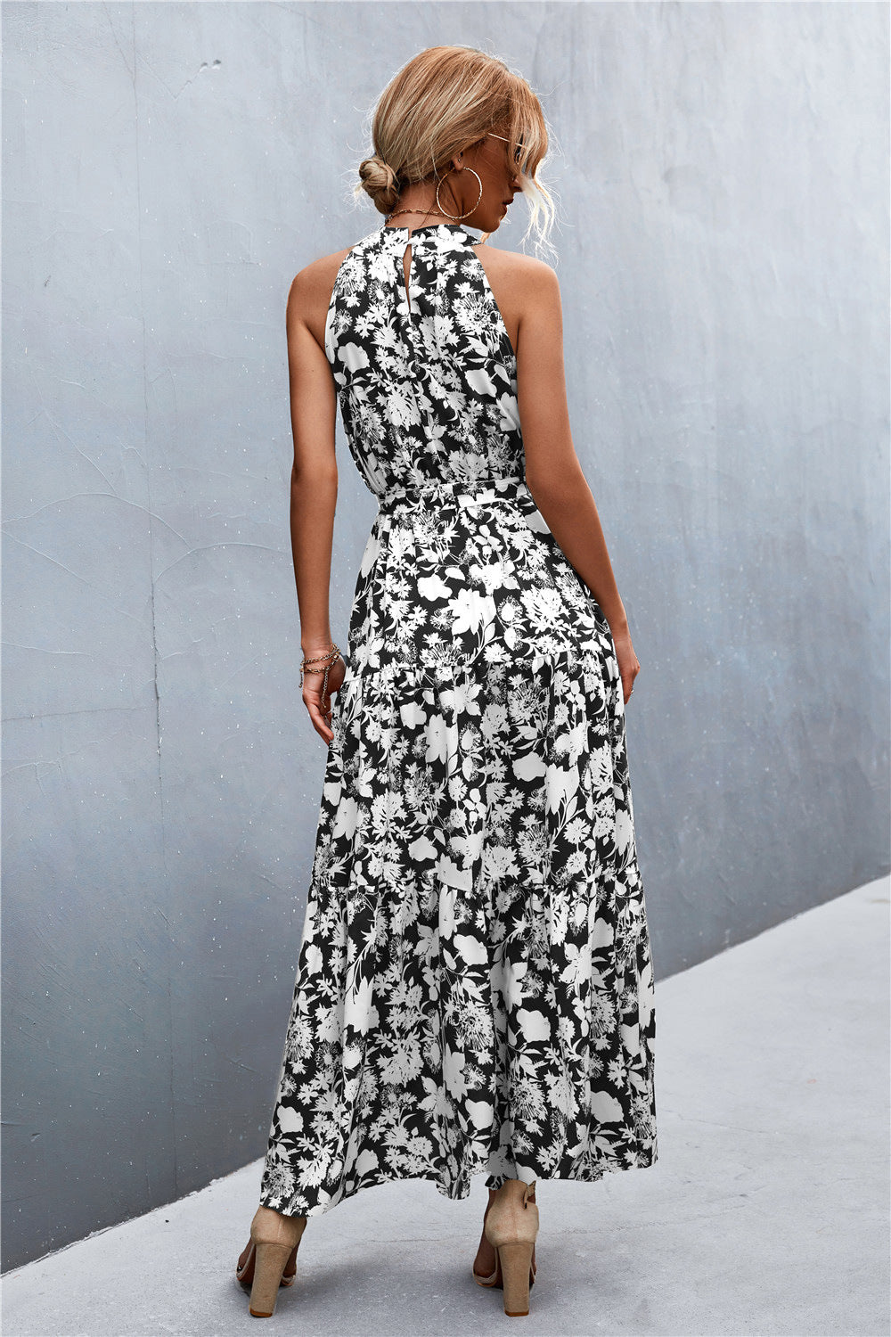 Printed Sleeveless Tie Waist Maxi Dress in Rose Floral in Rose/Floral