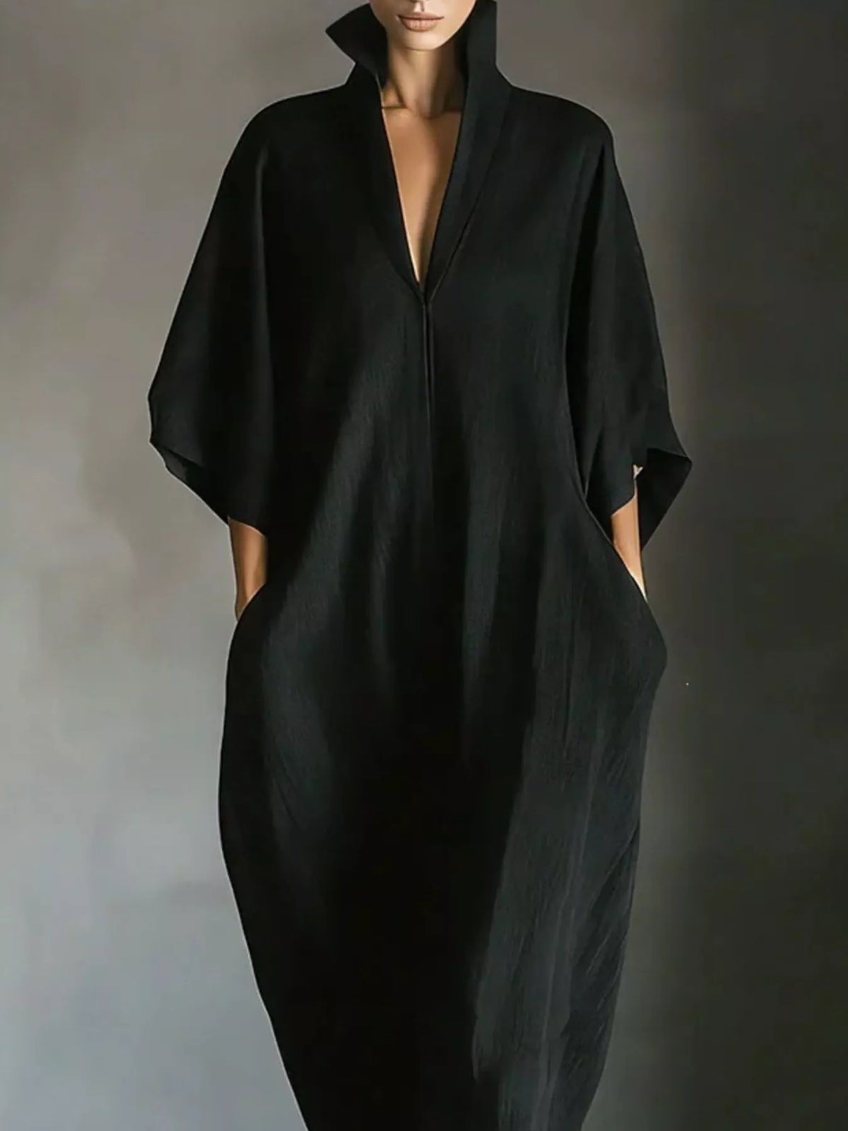 3/4 Sleeve Maxi Dress with Pockets in Black