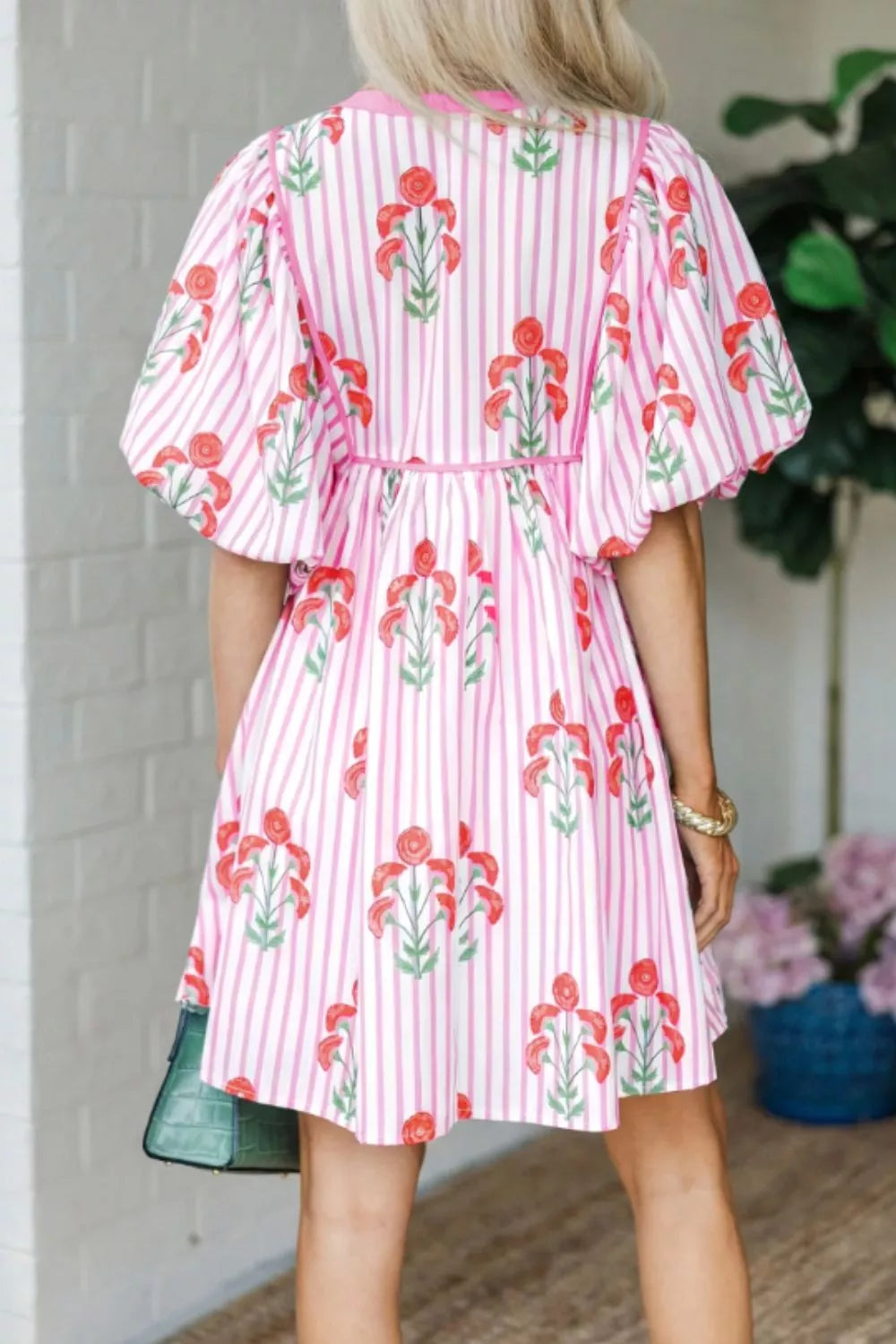Striped Floral Print Mini Dress in Blush Pink