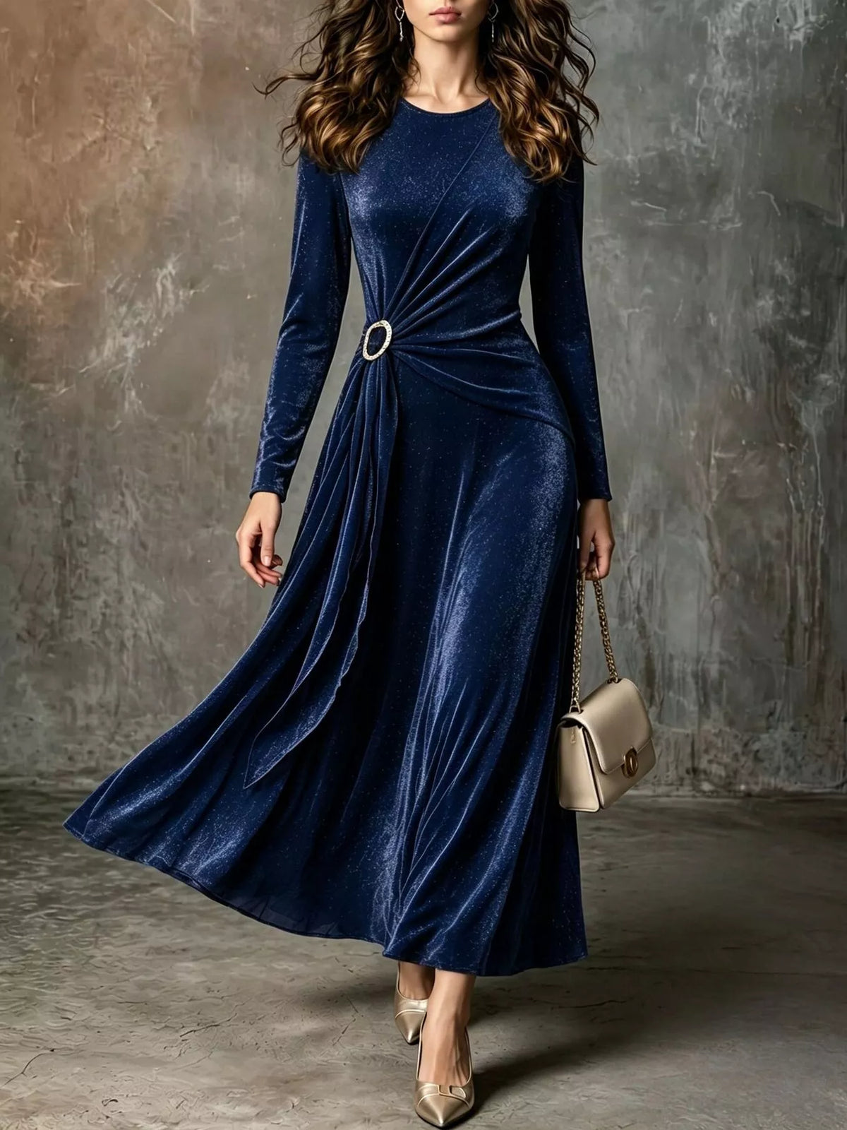 Velvet Long-Sleeve Maxi Dress with Ring Detail