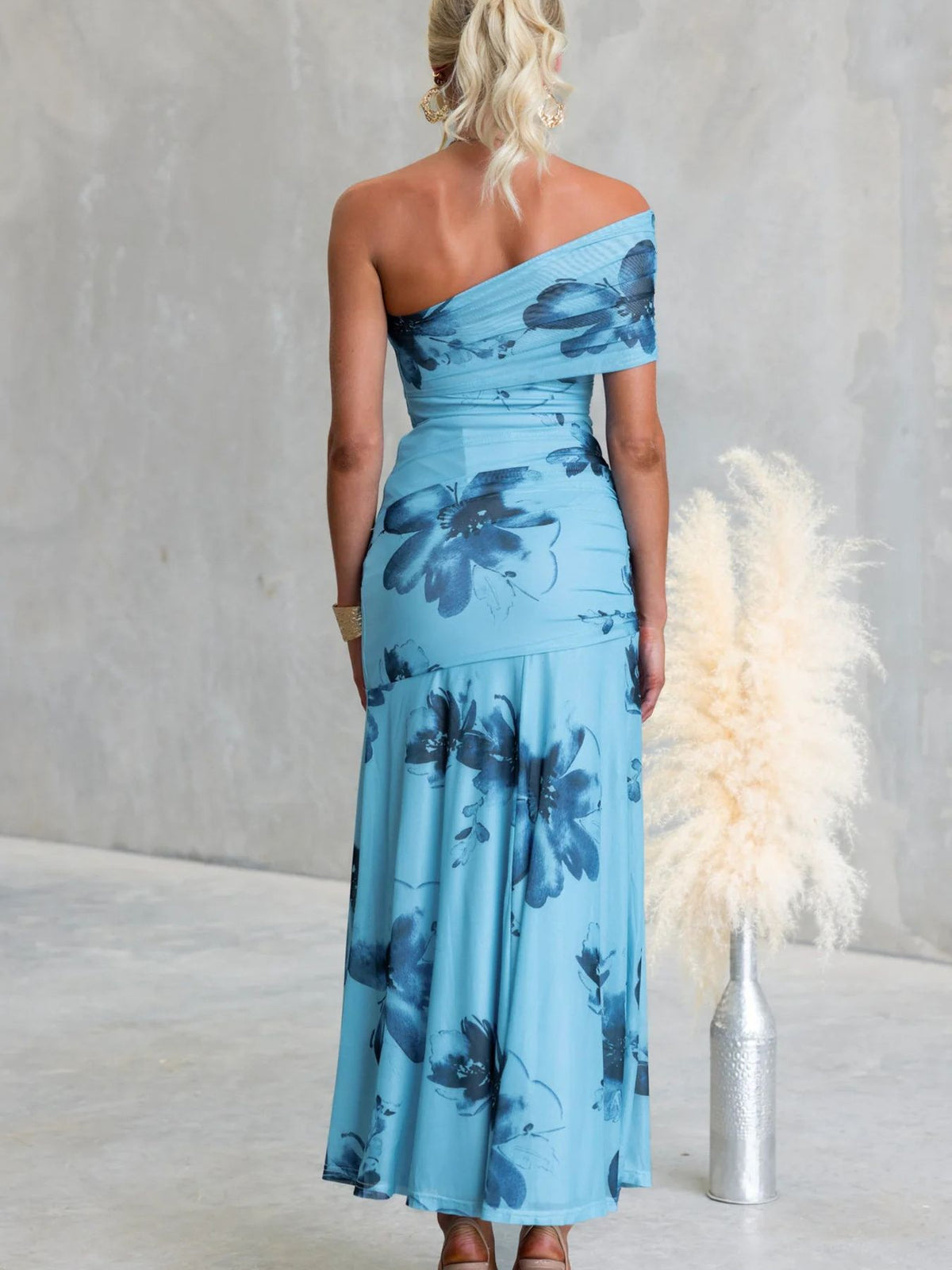 Floral Print One-Shoulder Ruched Maxi Dress in Blue