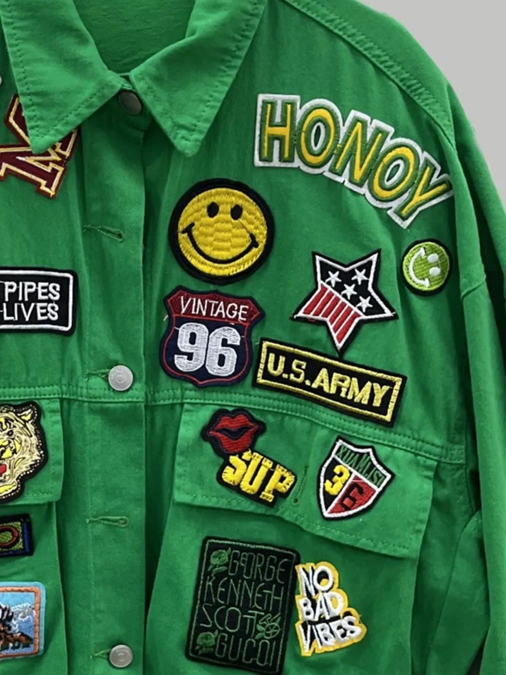 Embroidered Patch Button-Up Denim Jacket
