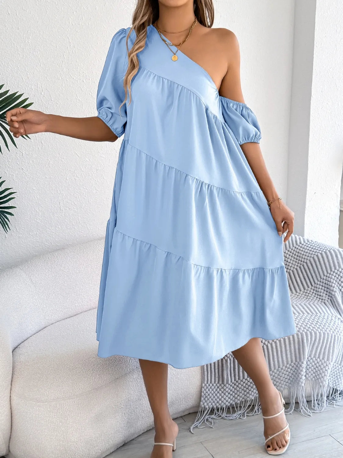 Asymmetrical Single-Shoulder Tiered Dress