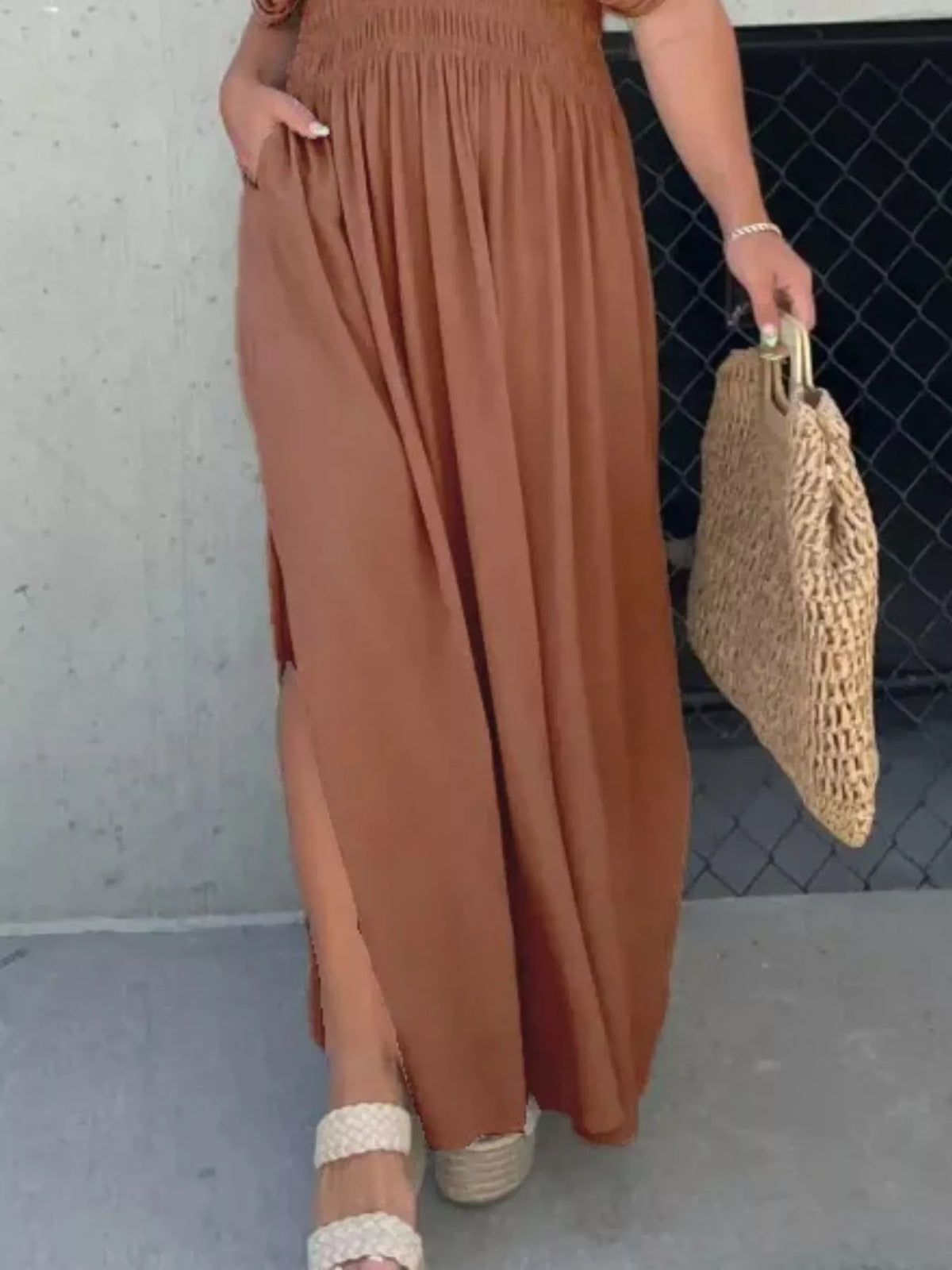 Smocked Waist V-Neck Slit Maxi Dress