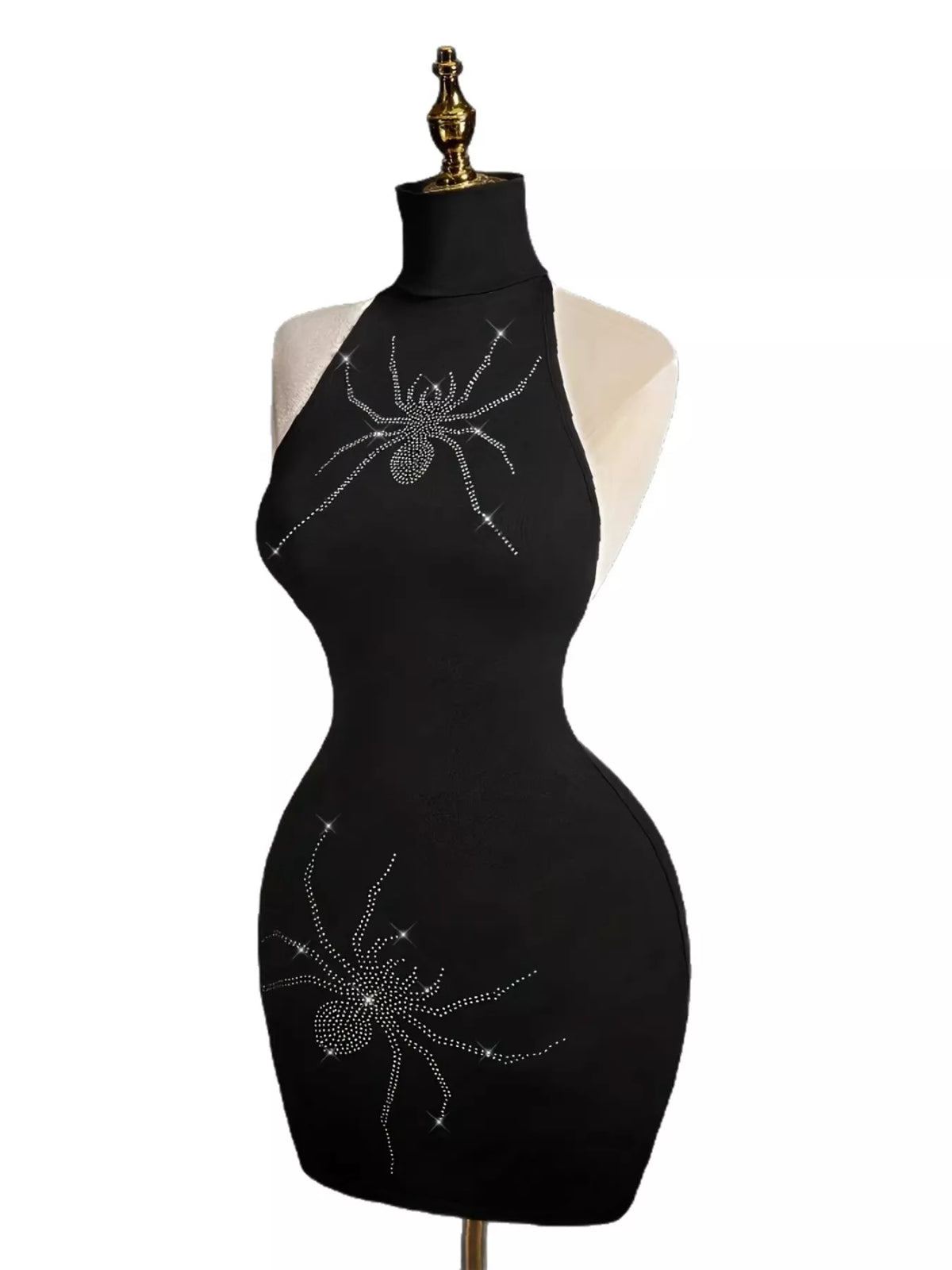 Rhinestone Spider Halter Neck Bodycon Dress in Black