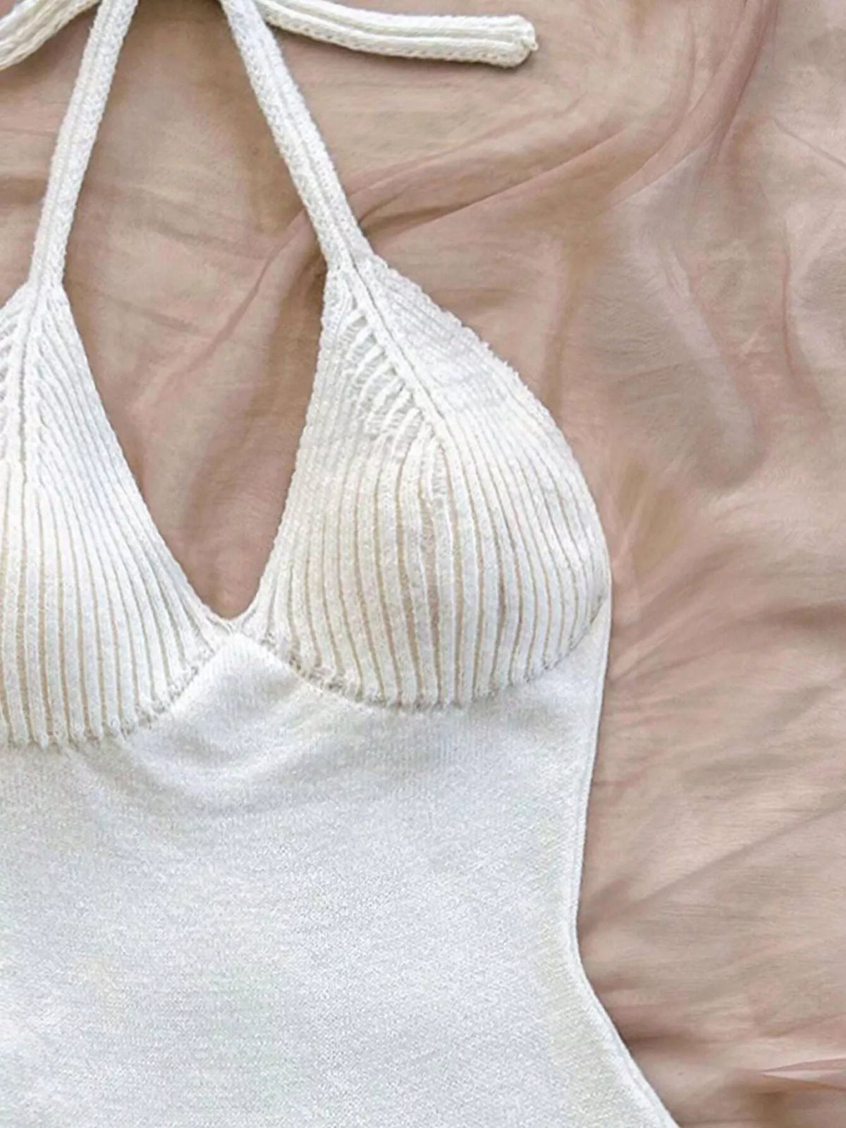 Halter Neck Ruffle Hem Knit Sweater Dress in White
