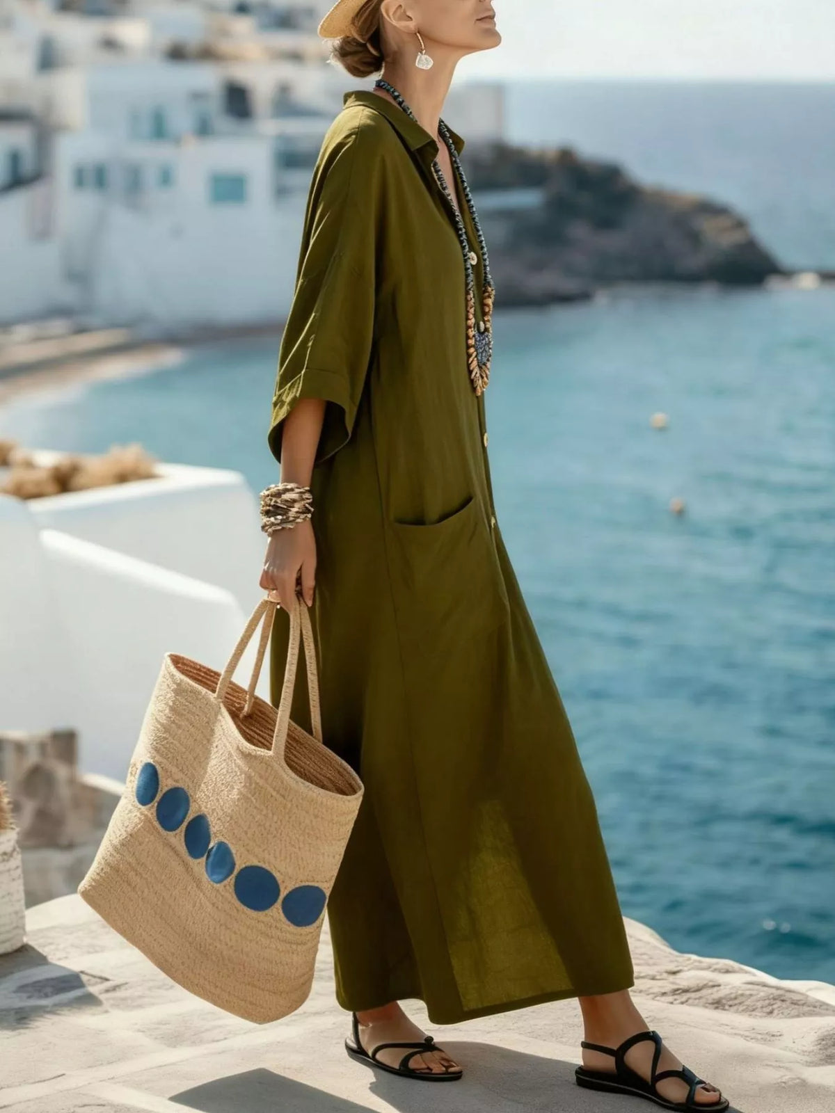 Button Front 3/4 Sleeve Maxi Dress in Olive