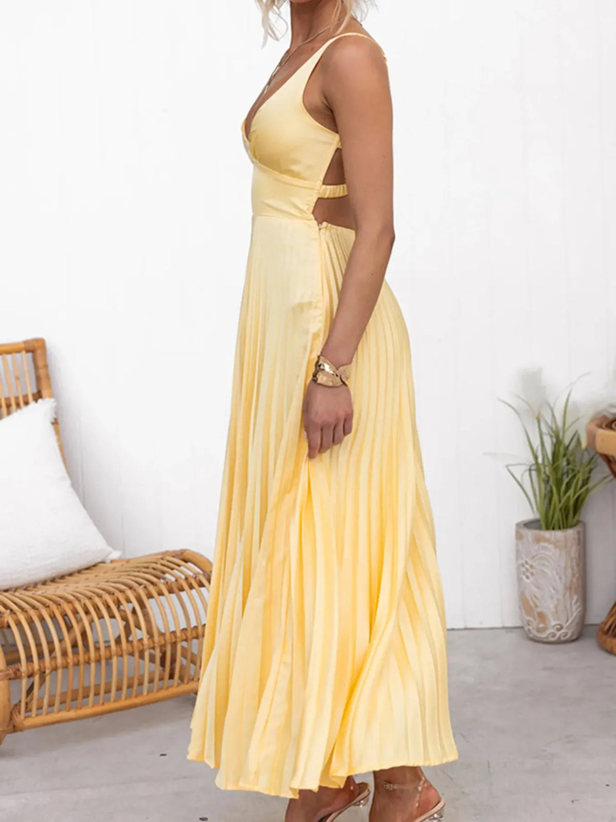 Pleated V-Neck Maxi Dress in Yellow