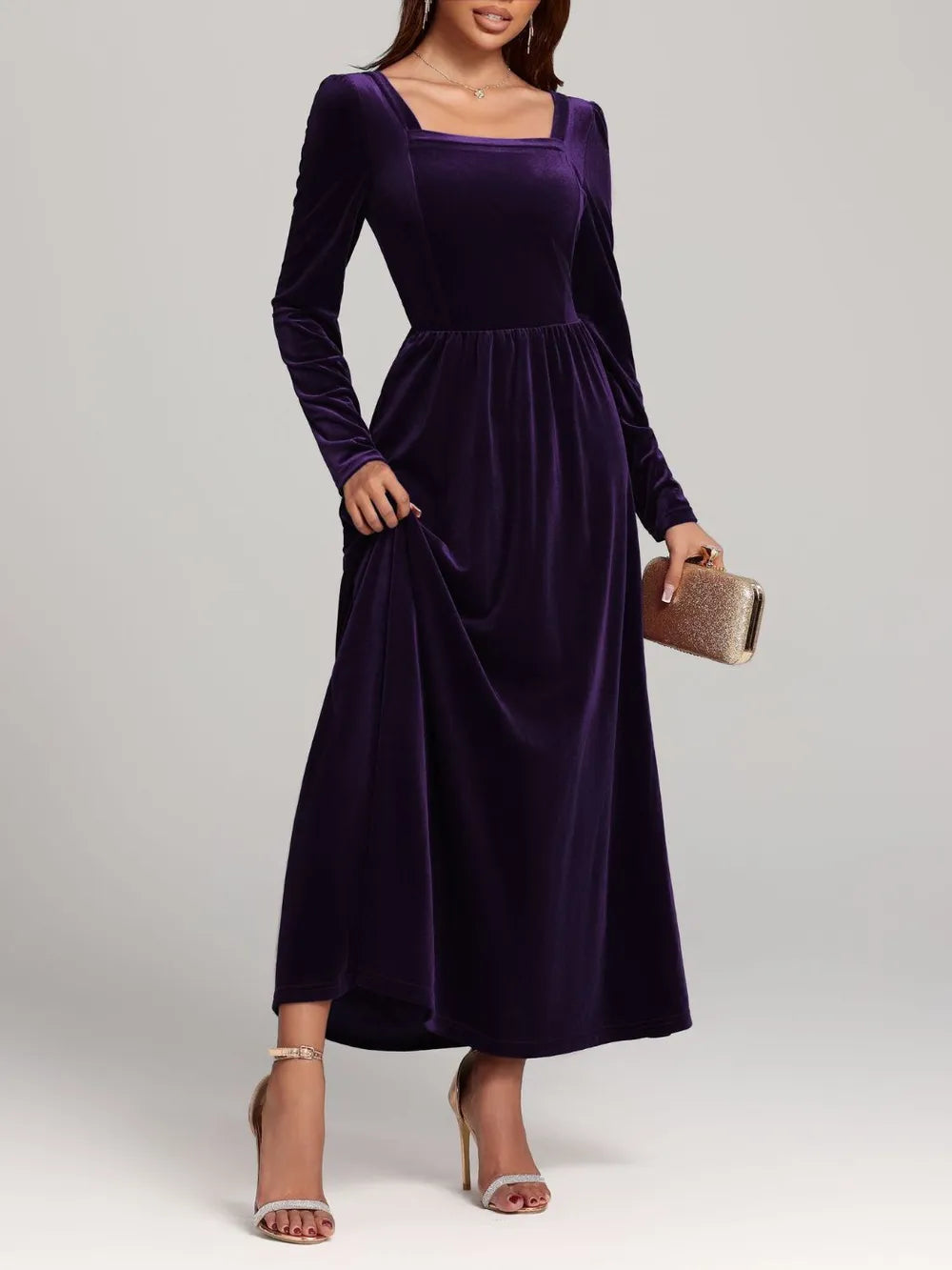 Velvet Square Neck Backless Dress