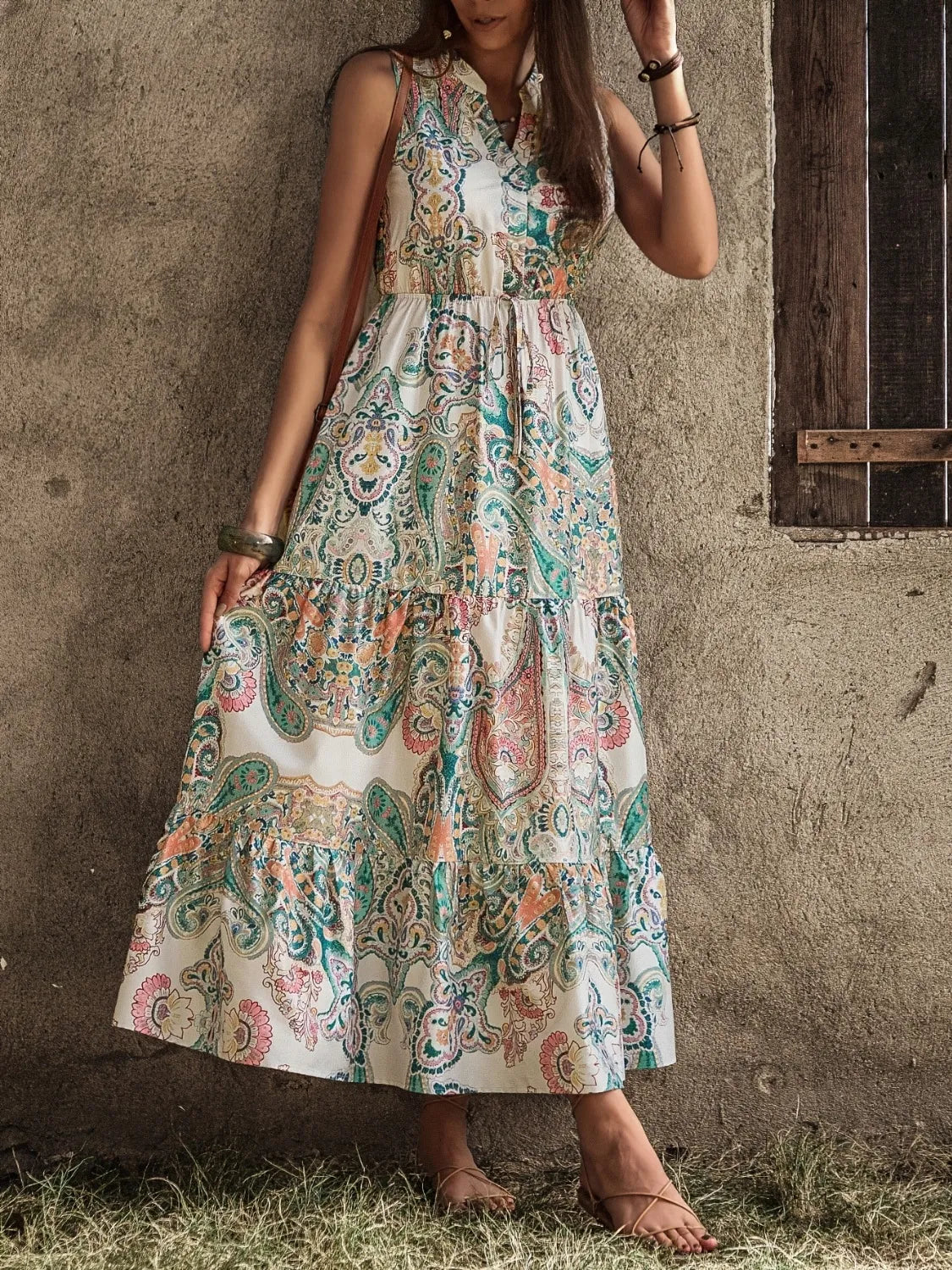 Printed Notched Sleeveless Dress in Cream by Macido