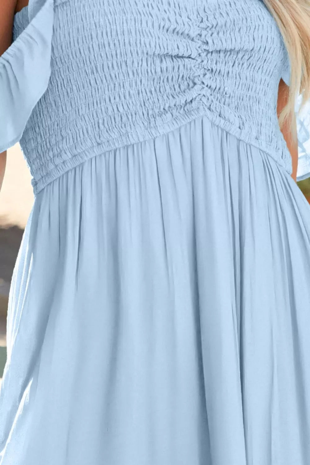 Off-Shoulder Ruched Maxi Dress in Light Blue