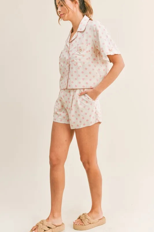 Polka Dot Collar Crop Top & Shorts Set in Pink