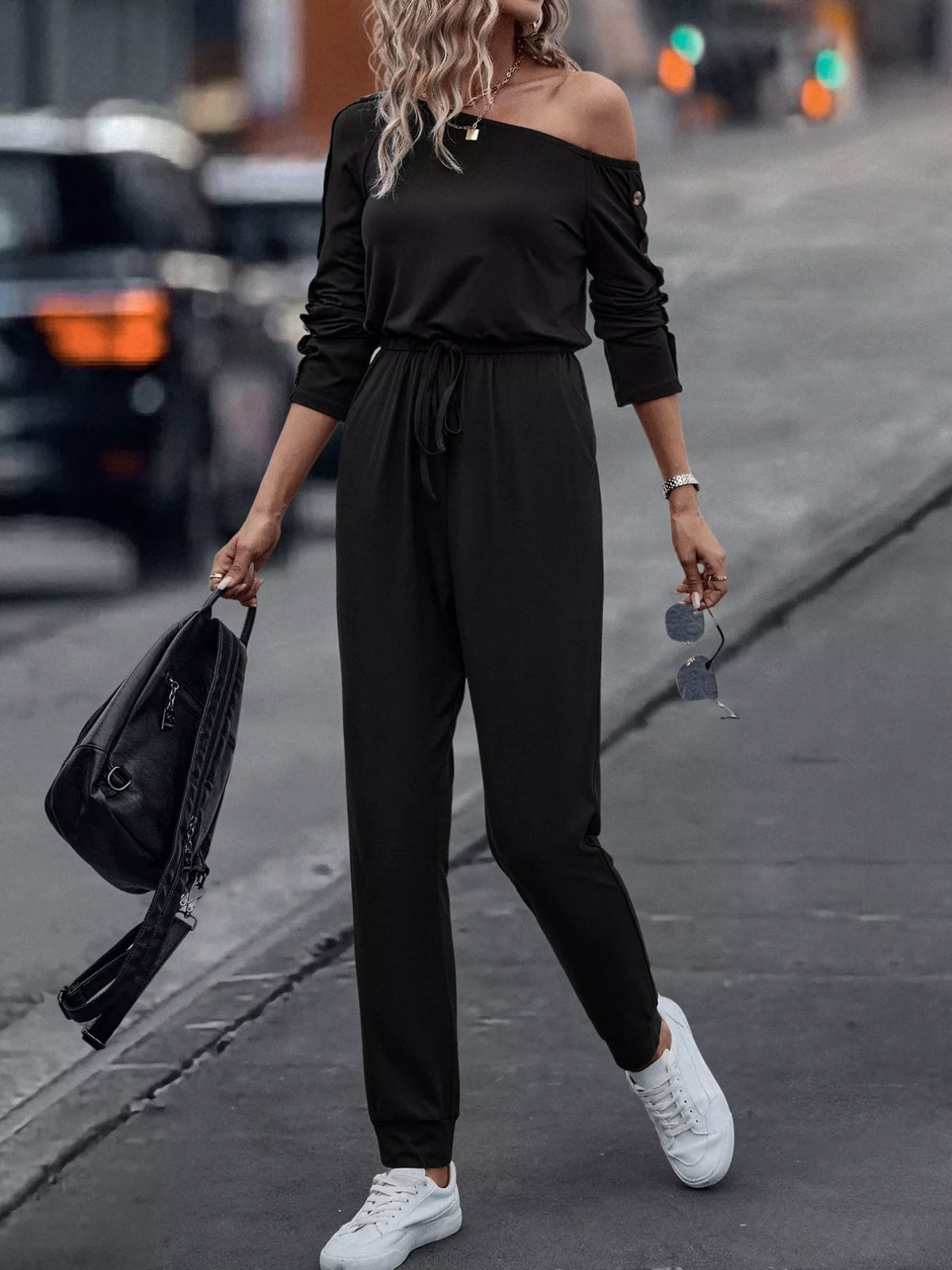 One-Shoulder Long Sleeve Jumpsuit in Black