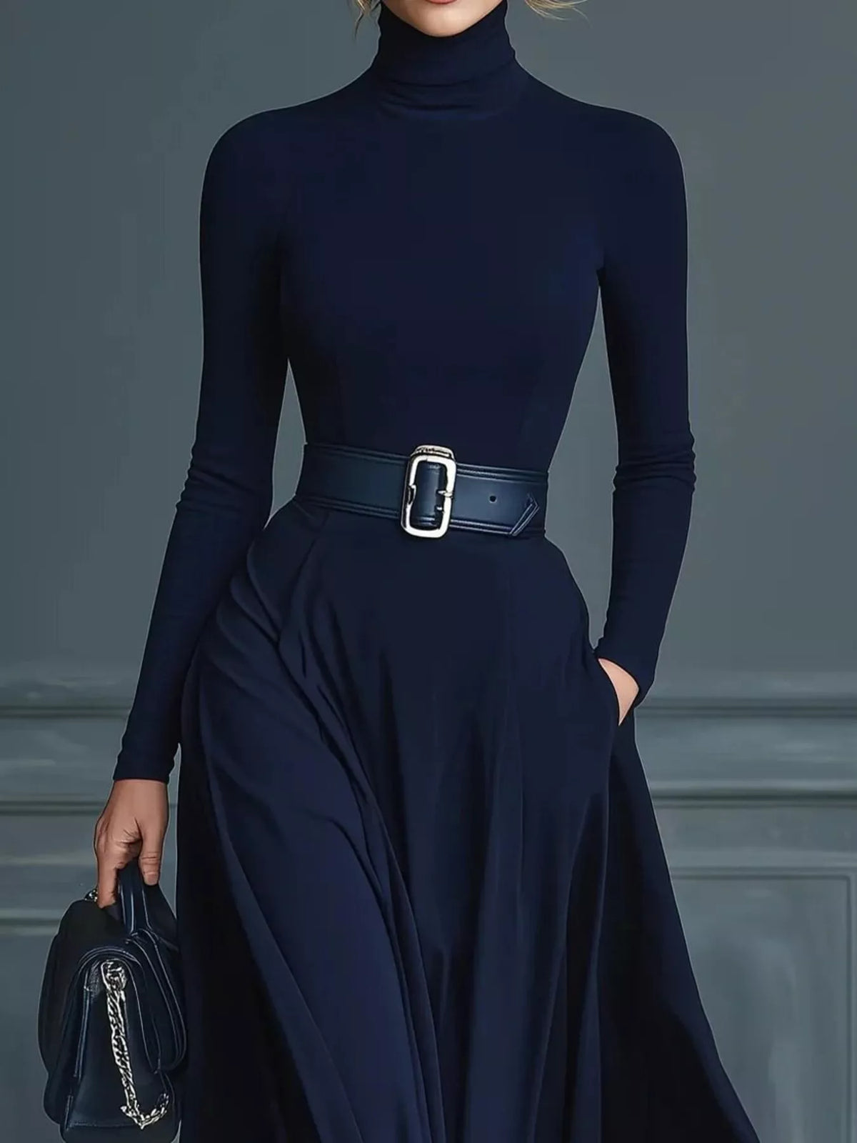 Turtleneck Long Sleeve Maxi Dress in Navy