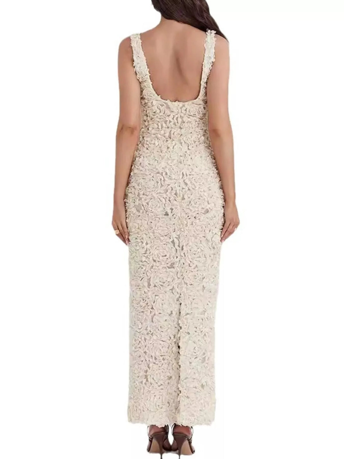 Floral Applique Deep V-Neck Maxi Dress in White