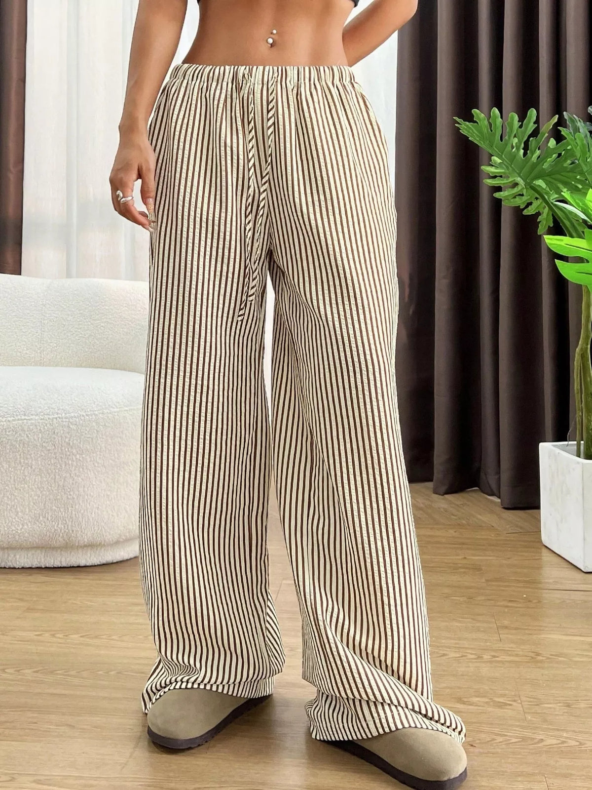 Plus-Size Striped Drawstring Wide-Leg Pants