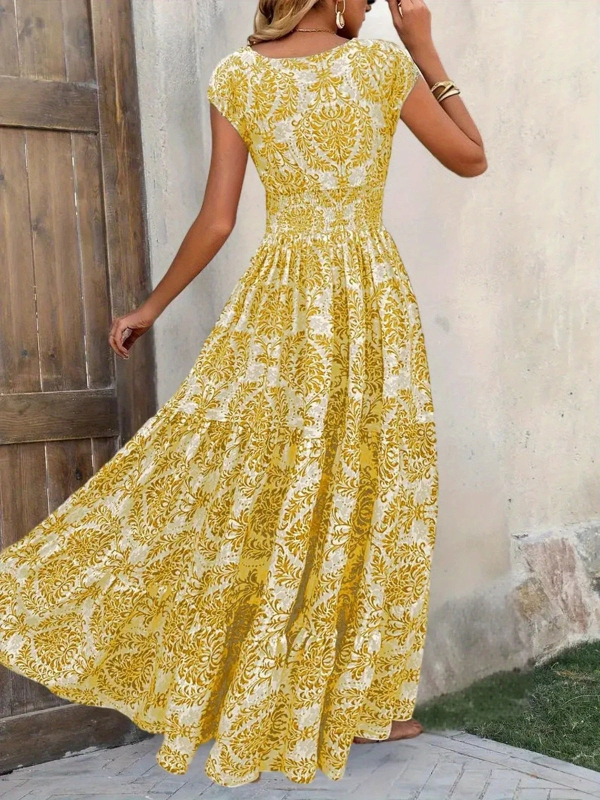 Printed Cap Sleeve Tiered Maxi Dress