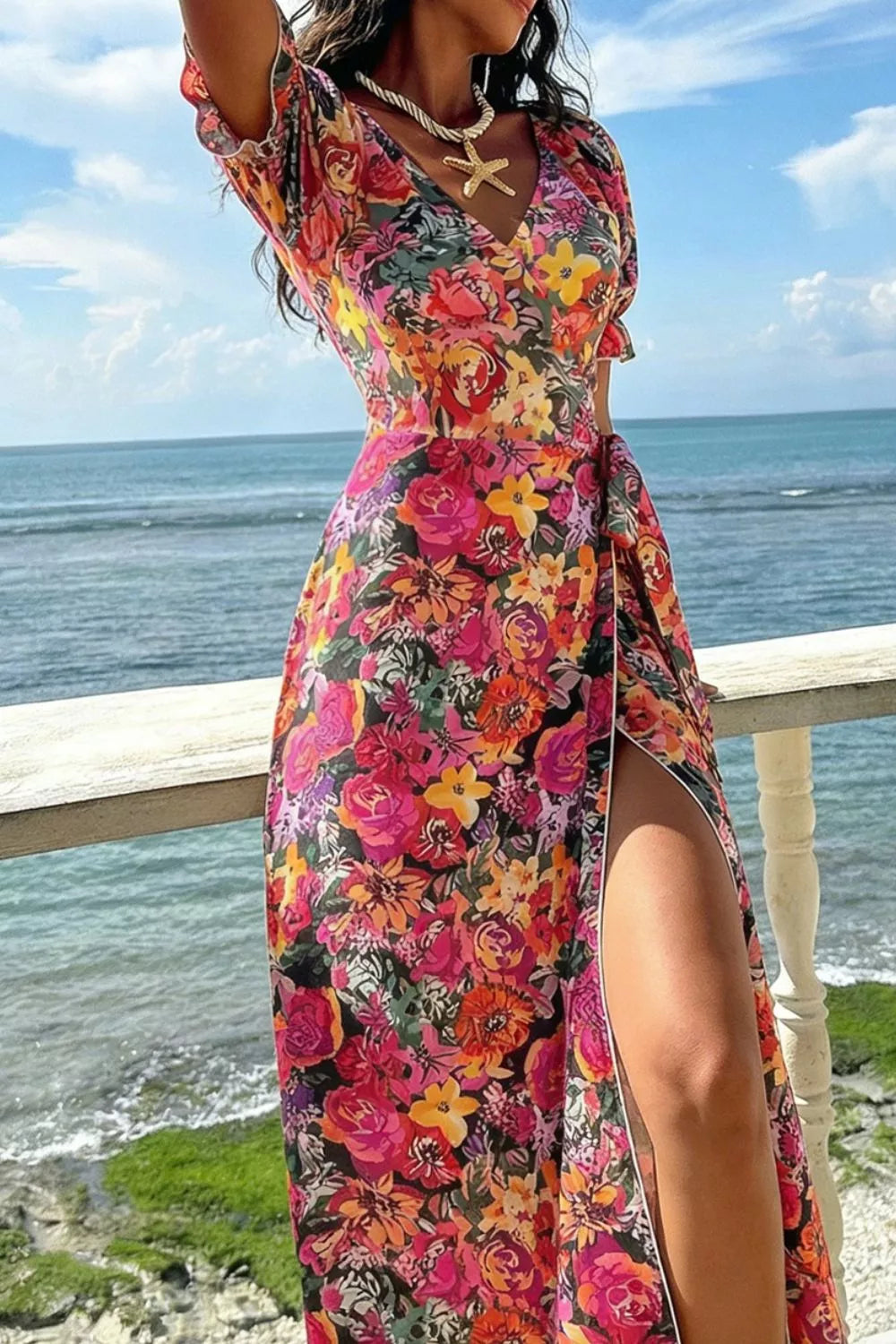 Floral Short-Sleeve Maxi Dress with Tie Detail