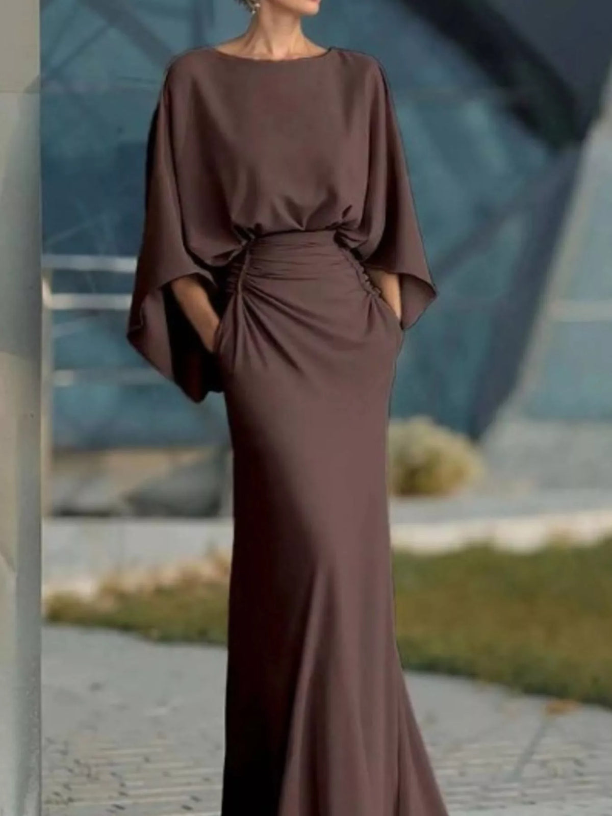 Ruched Batwing Sleeve Maxi Dress