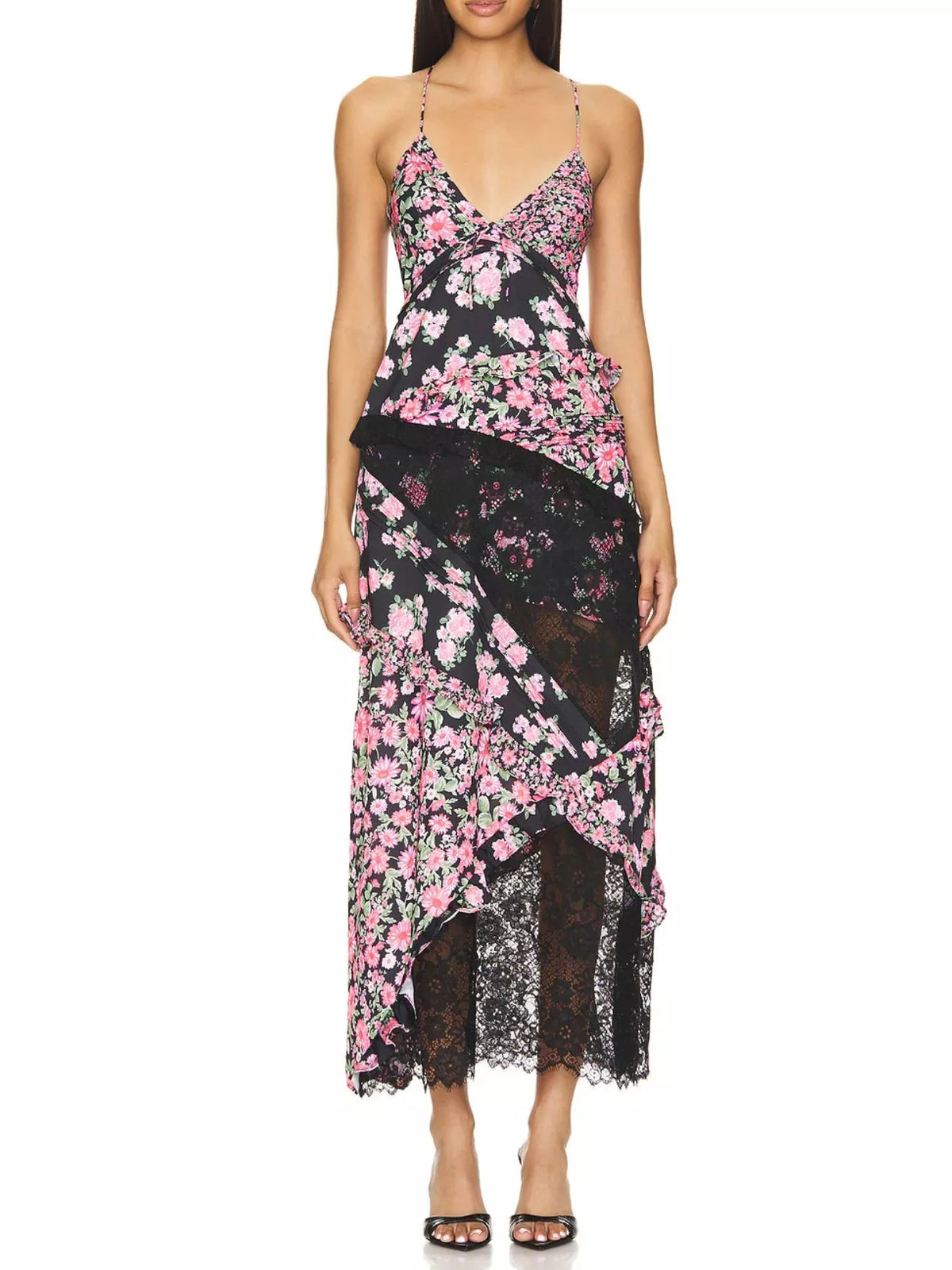 Lace Floral Ruffle Trim Maxi Dress
