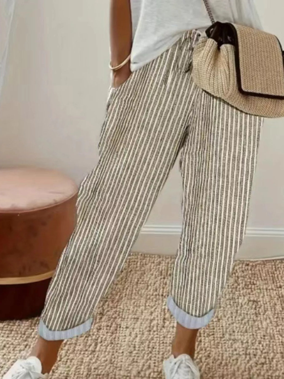 Striped Drawstring Cropped Pants