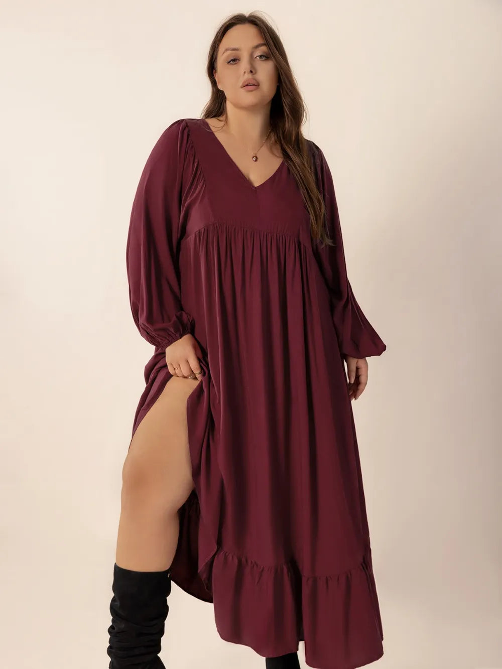 Ruffled Hem V-Neck Balloon Sleeve Dress in Burgundy