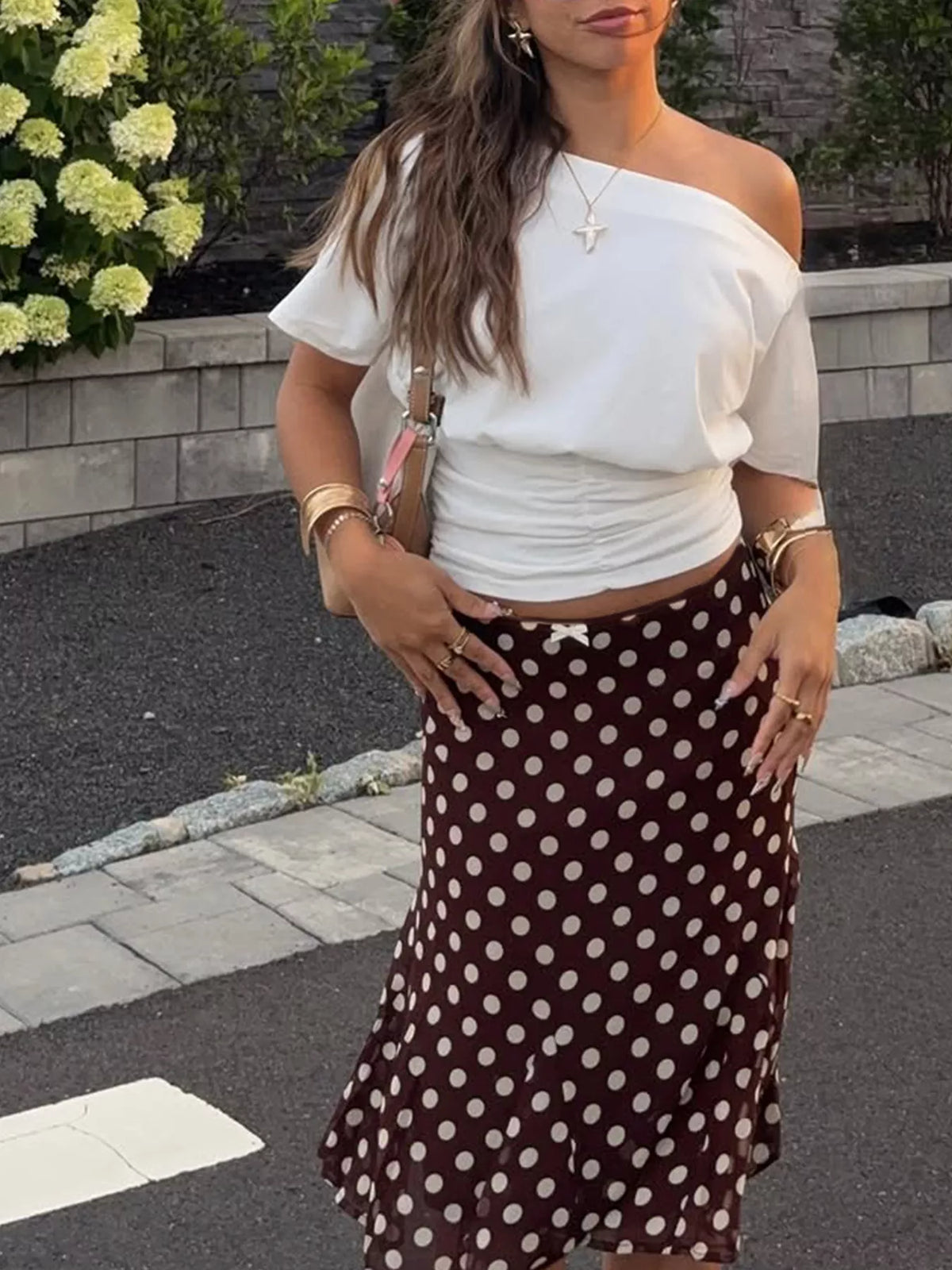 Polka Dot Bow Midi Skirt in Dark Brown