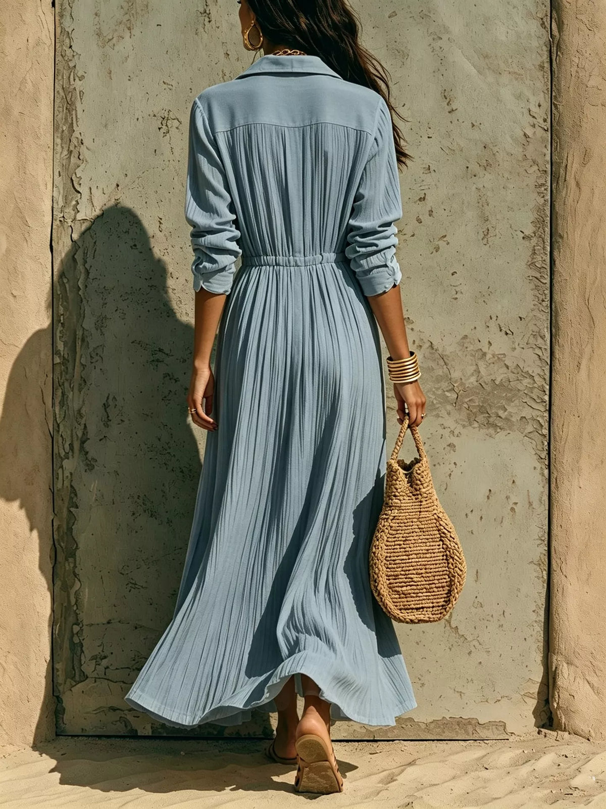 Textured Button Front Long Sleeve Maxi Dress