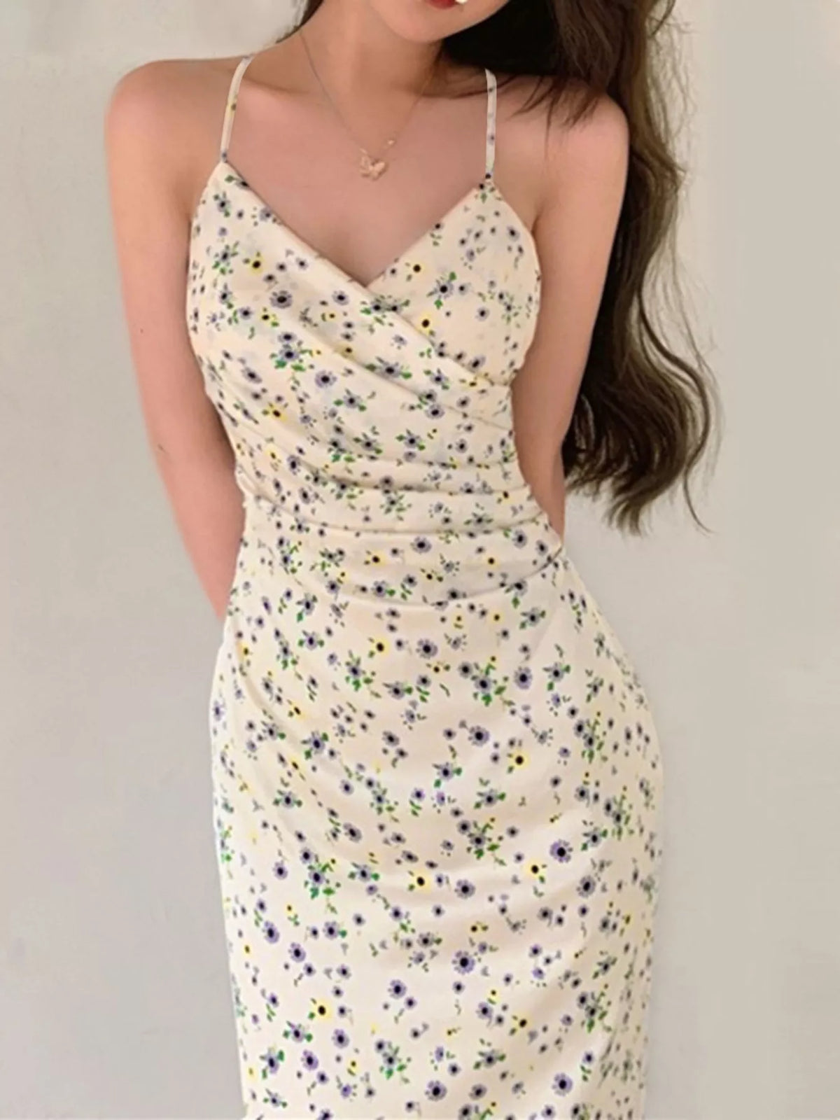 Floral Ruched Midi Dress in Beige