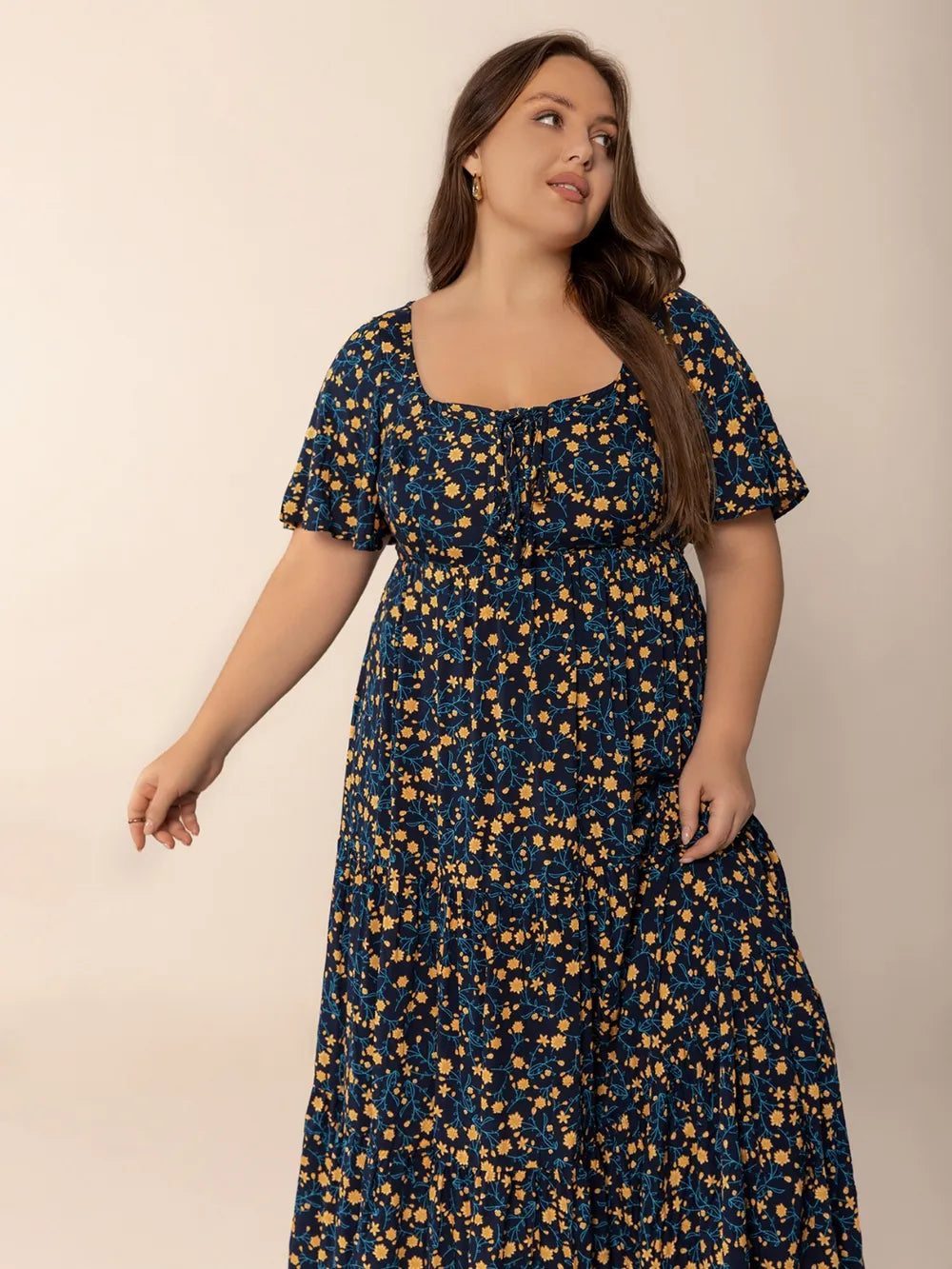 Printed Short-Sleeve Tiered Maxi Dress in Black