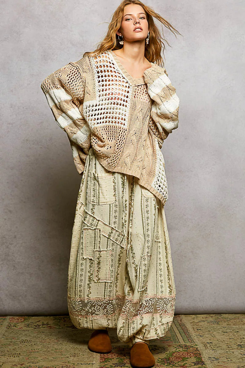 Color-Block Stripe Twisted Weave Top in Beige by POL