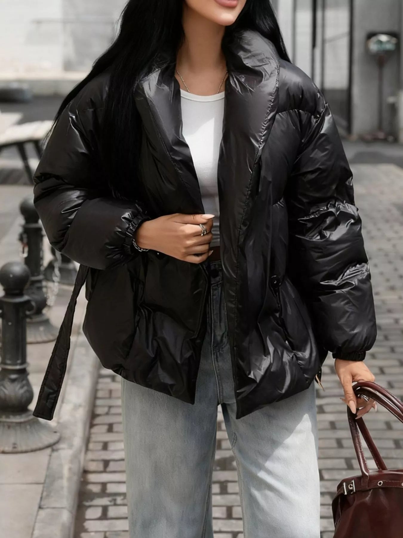 Long Sleeve Belted Puffer Jacket in Black