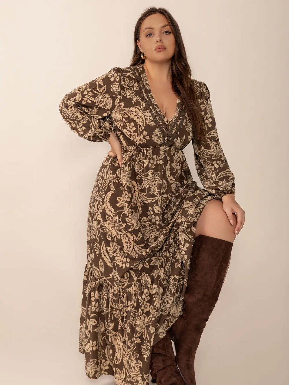 Printed V-Neck Balloon Sleeve Dress in Camel