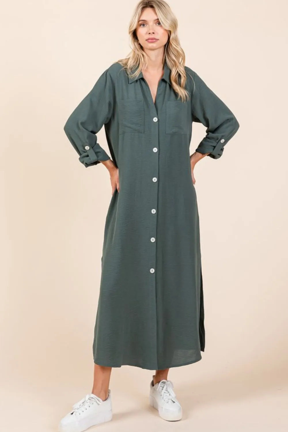 V-Neck Long Sleeve Button-Down Maxi Dress in Light Hunter in Lt Hunter by Mittoshop