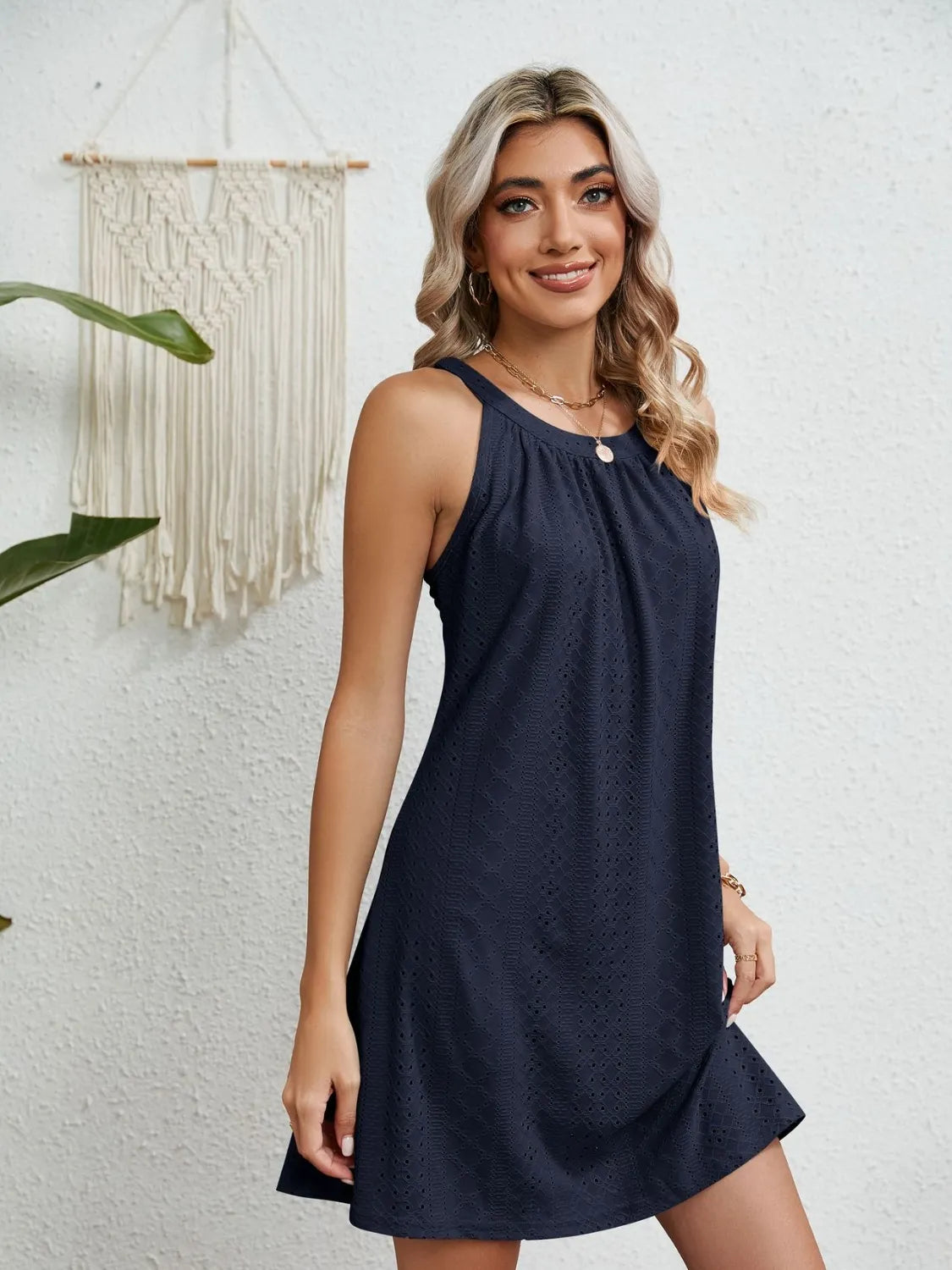 Eyelet Round Neck Sleeveless Dress
