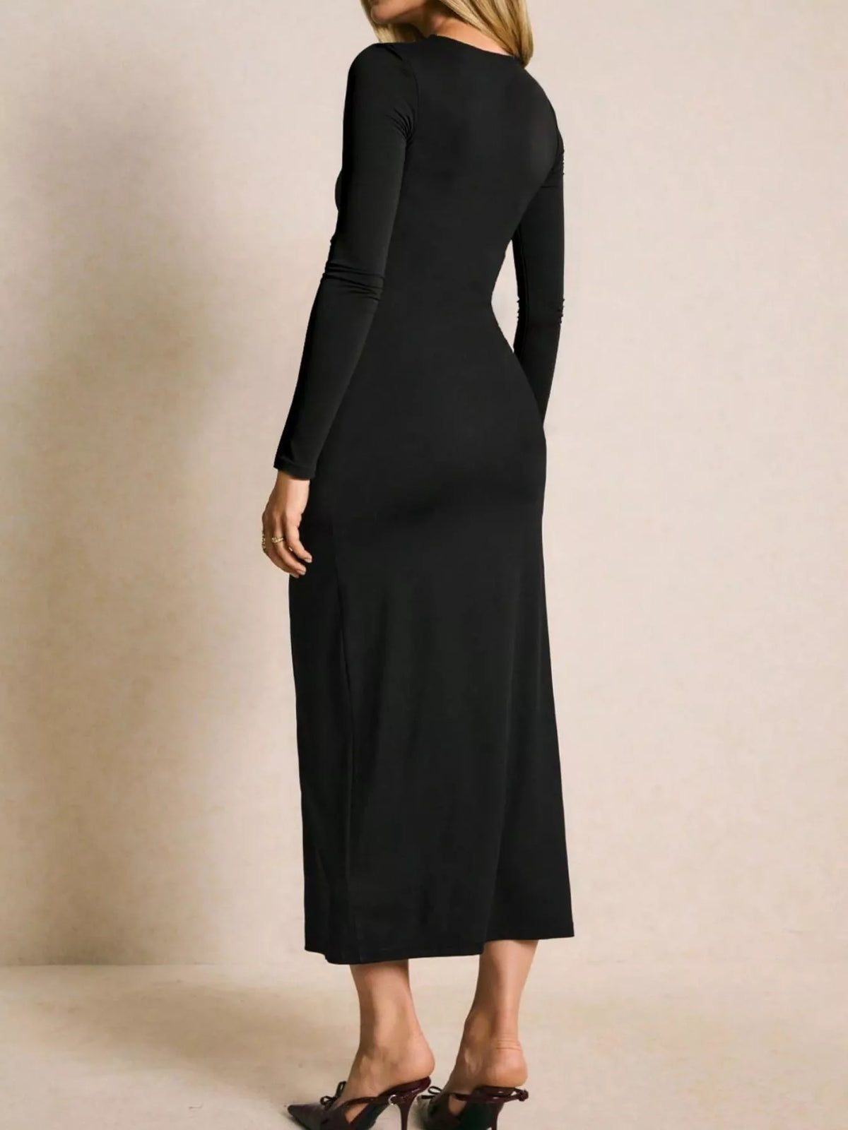 Ruched Slit Long-Sleeve Bodycon Dress in Black