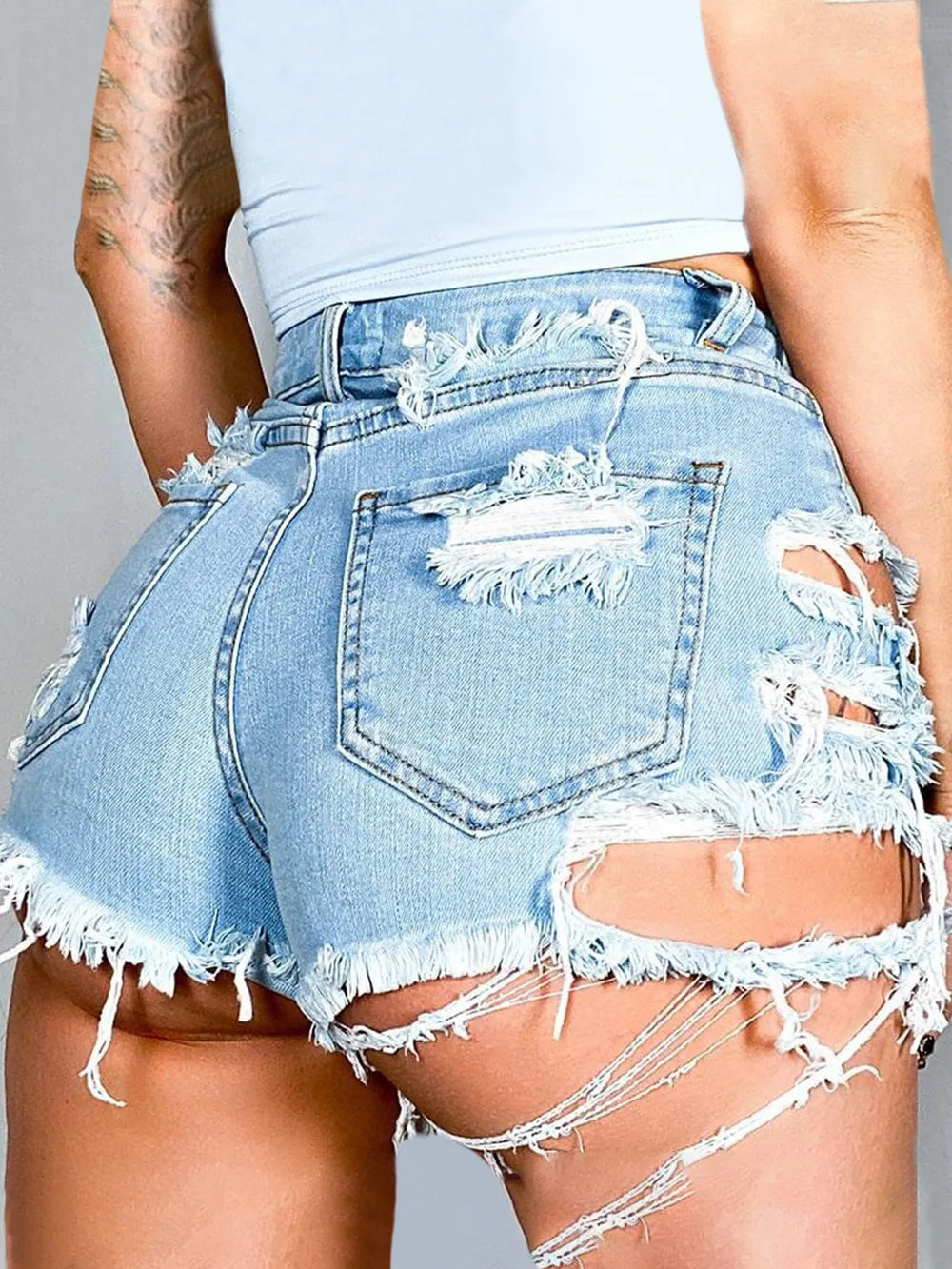 Distressed Raw Hem Denim Shorts with Pockets by DE.C.H & K.M