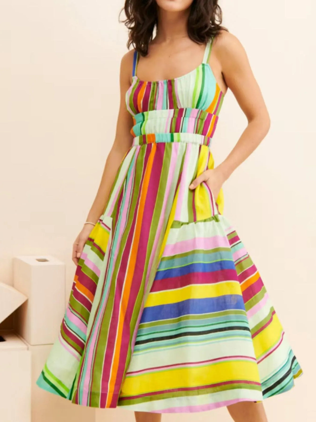 Striped Spaghetti Strap Midi Dress in Yellow