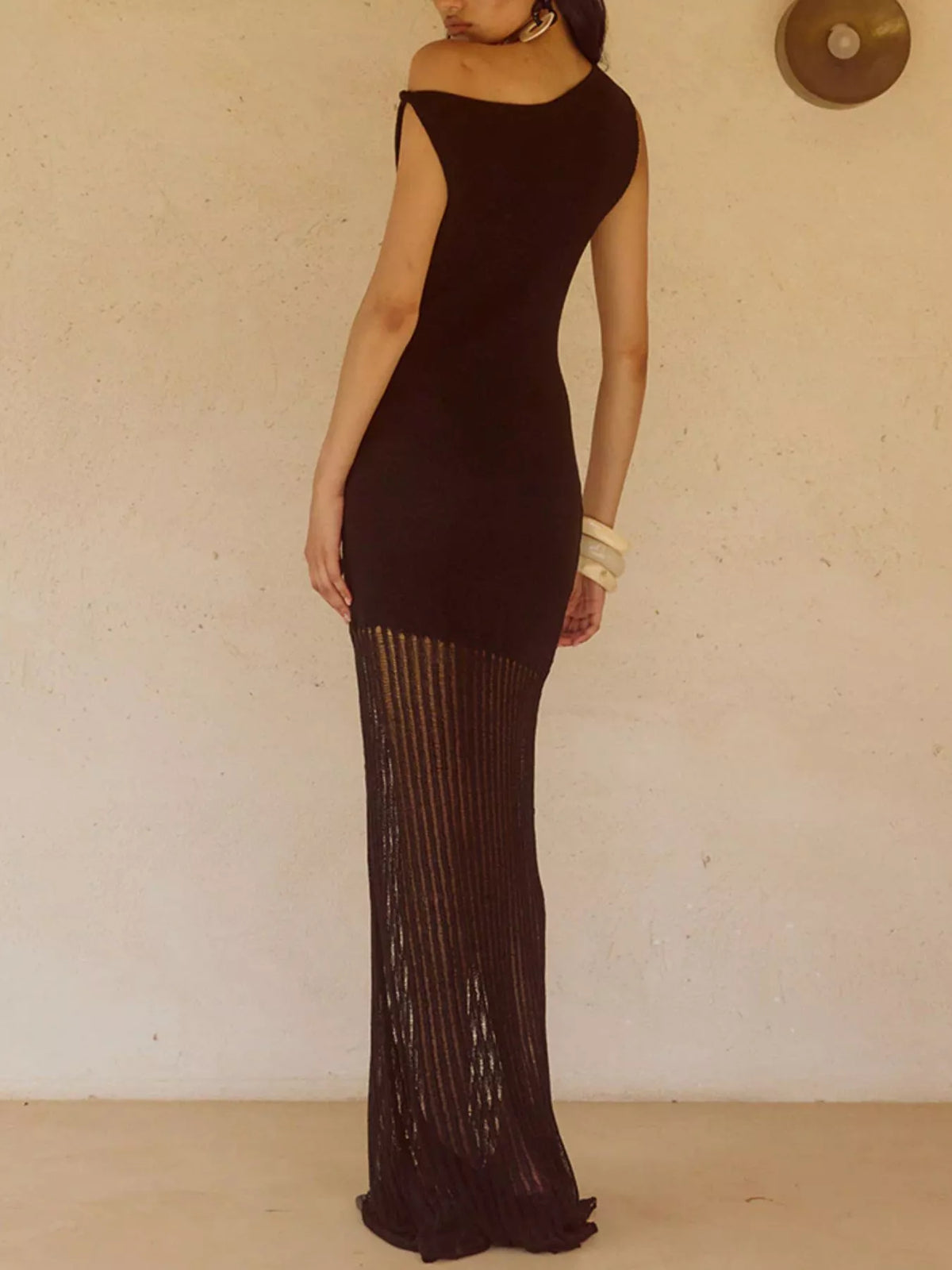 One-Shoulder Fringe Maxi Dress in Dark Brown